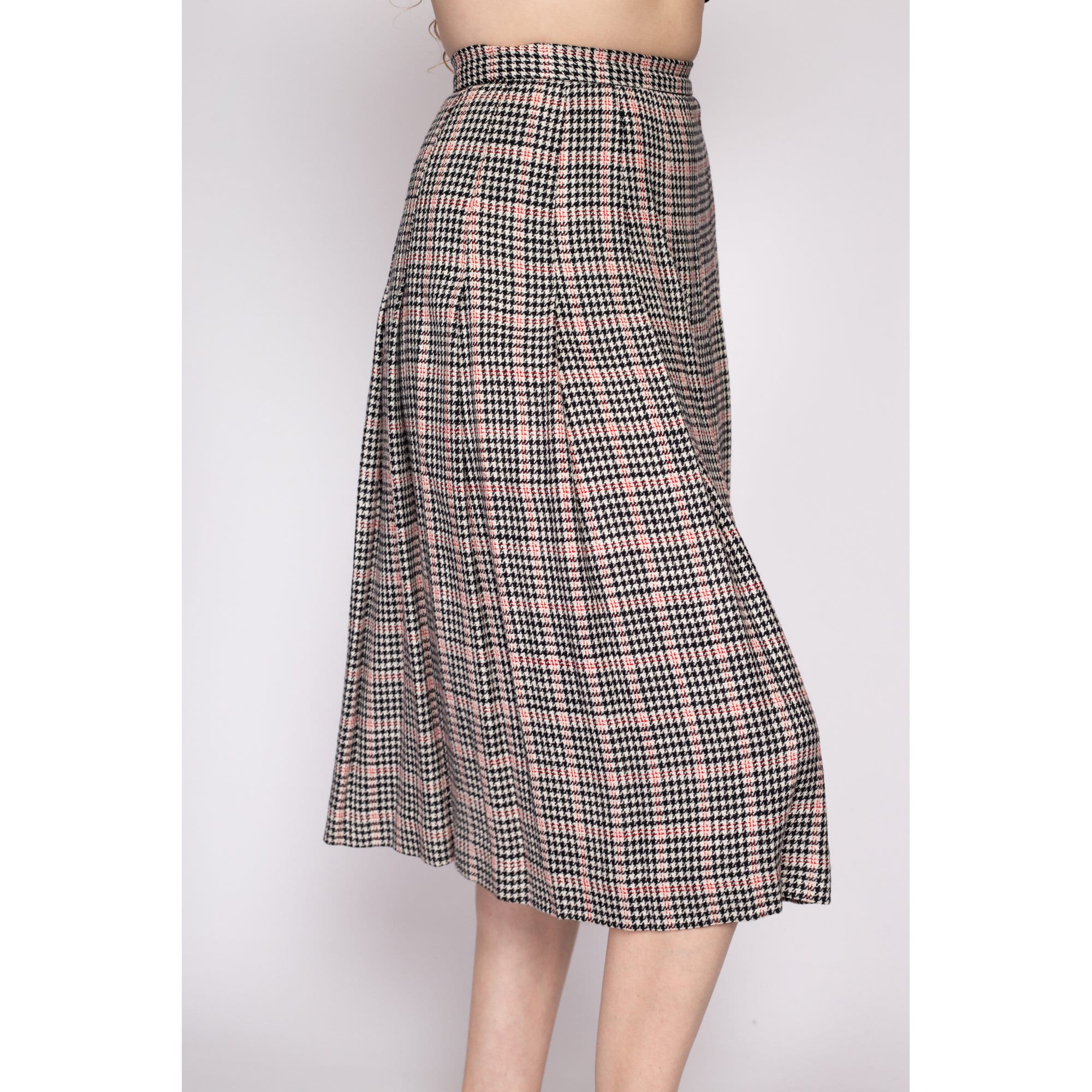 80s Houndstooth Pleated Midi Skirt - Extra Small, 24