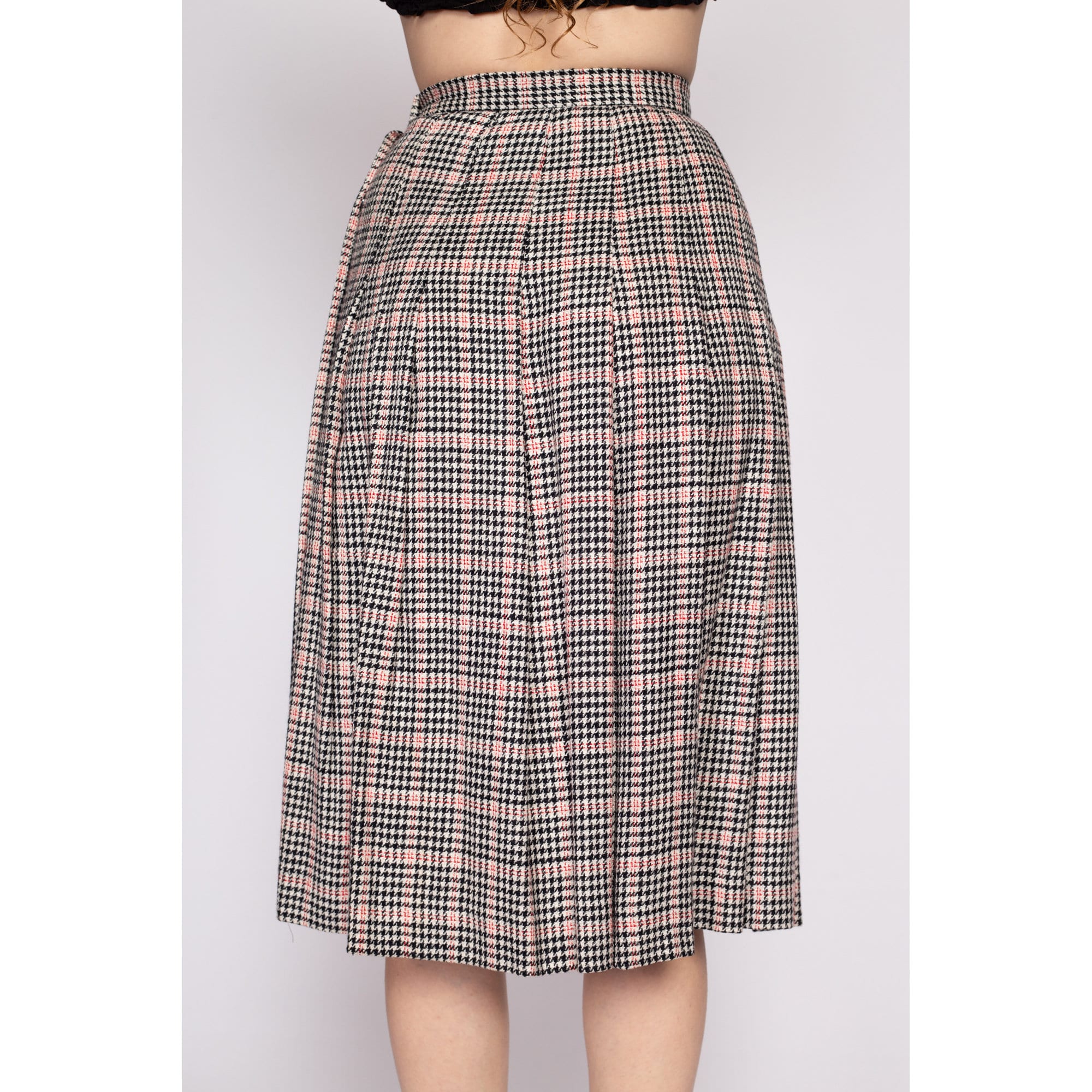 80s Houndstooth Pleated Midi Skirt - Extra Small, 24