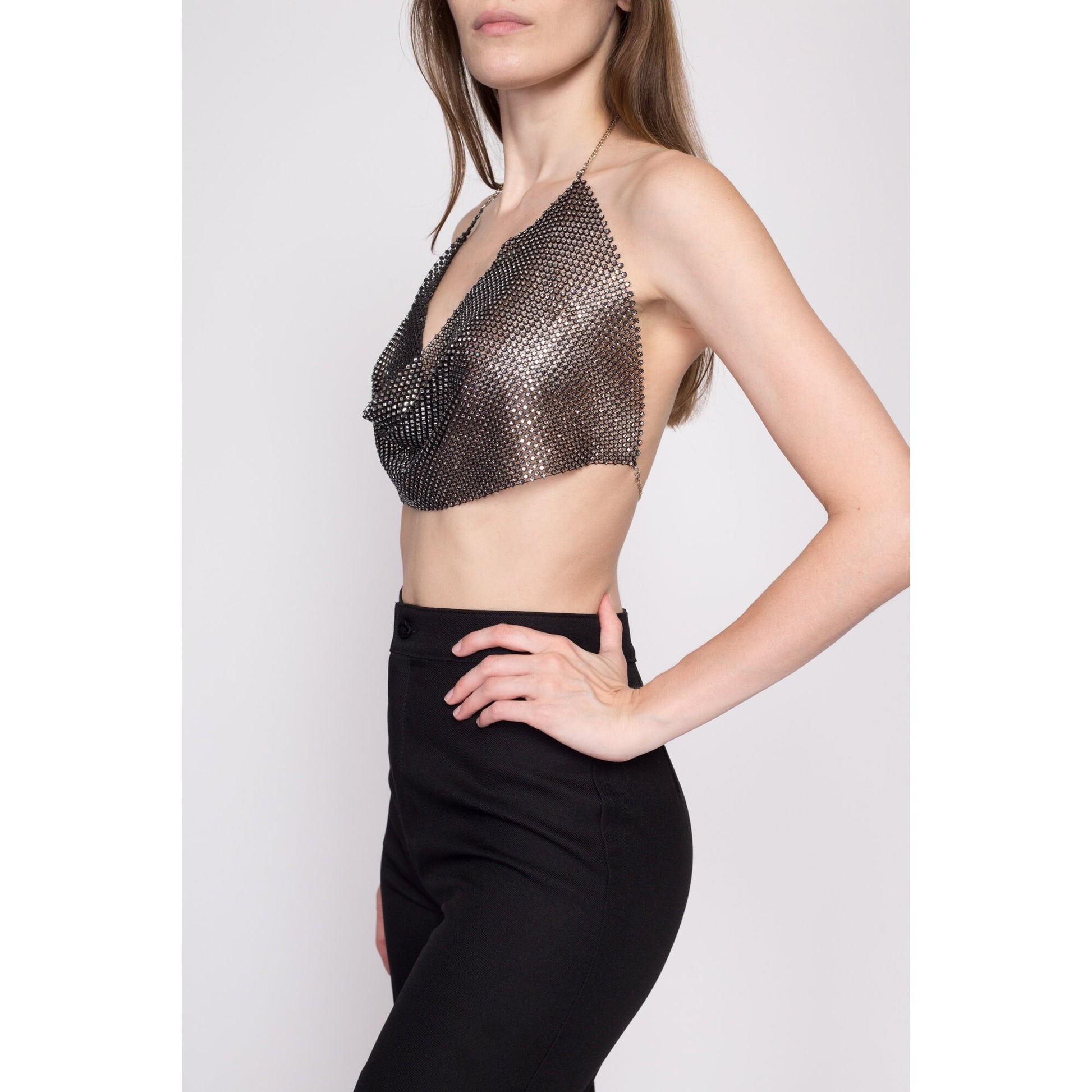 Women Chain Sexy Clothes Beading V Neck Metal Sequins Bra Sleeveless Backless  Crop Top Club Vintage Tank 3 (Black, XS) at  Women's Clothing store