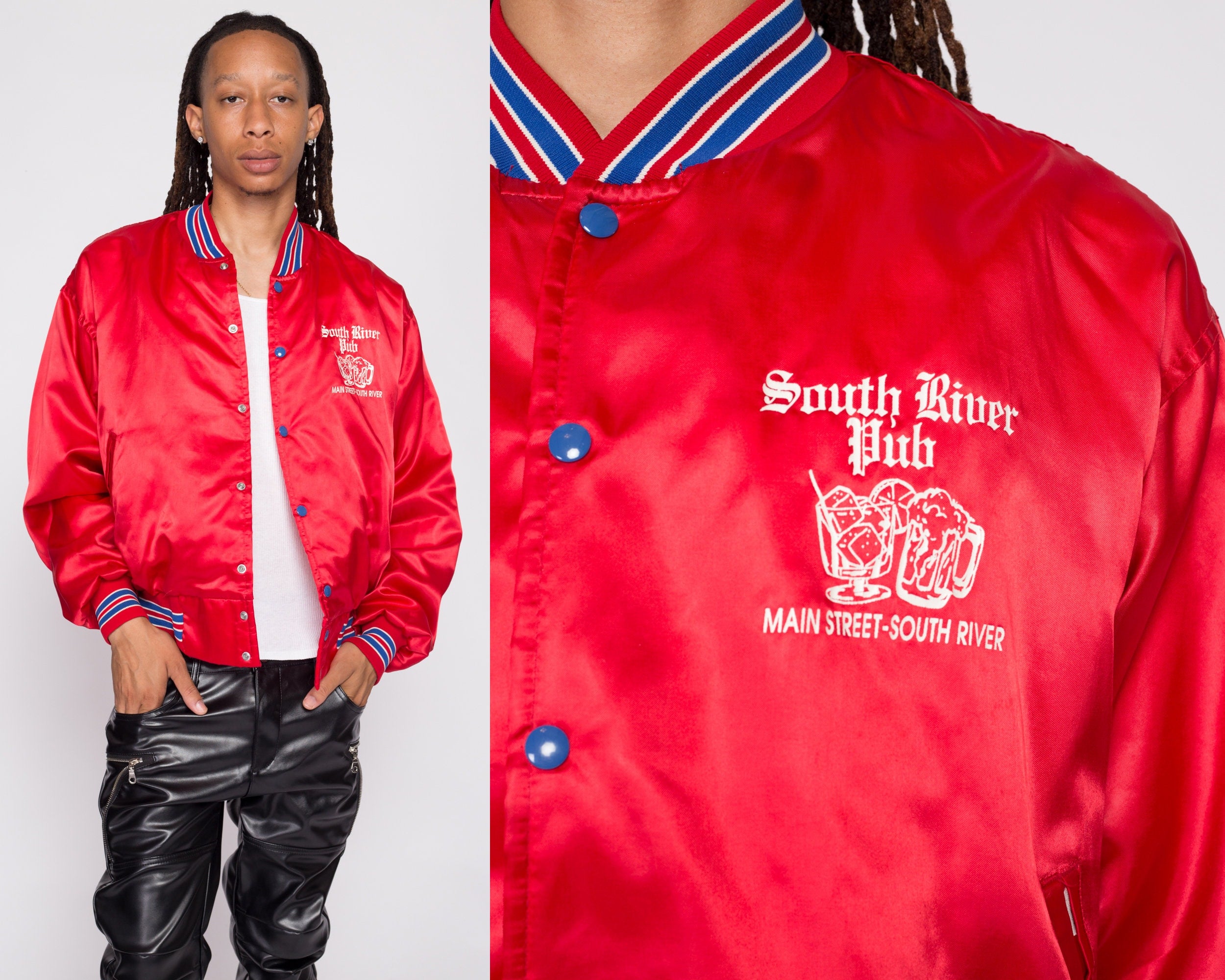 80s South River Pub Red Satin Bomber Jacket Men s XL