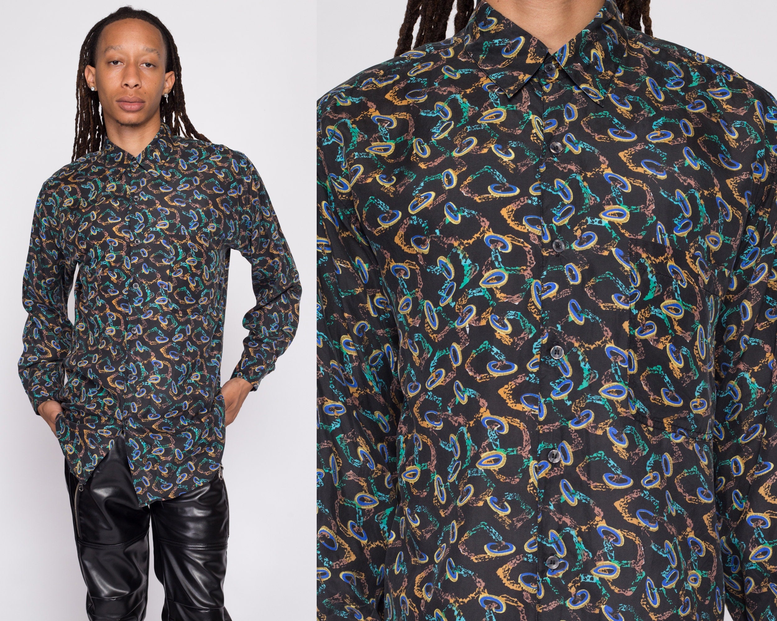 90s Silk Abstract Chain Print Shirt - Men's Medium