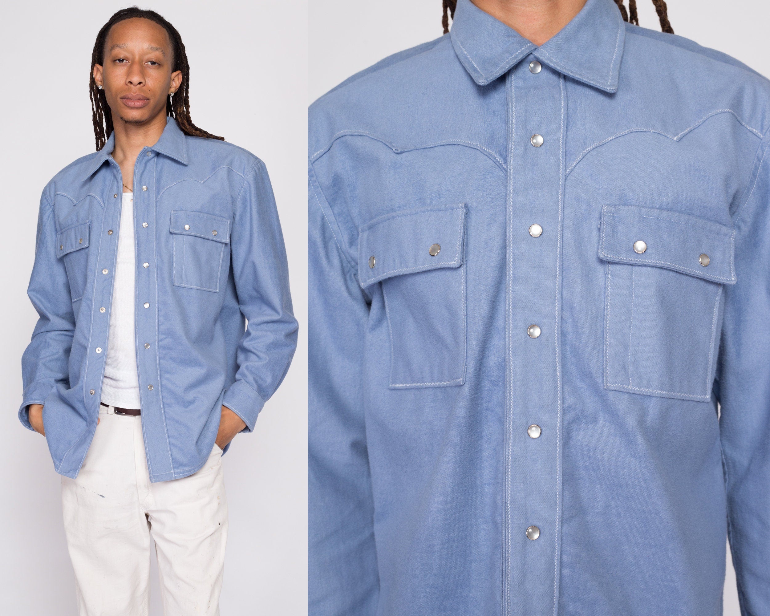 70s Blue Western Pearl Snap Shirt Jacket - Men's Large