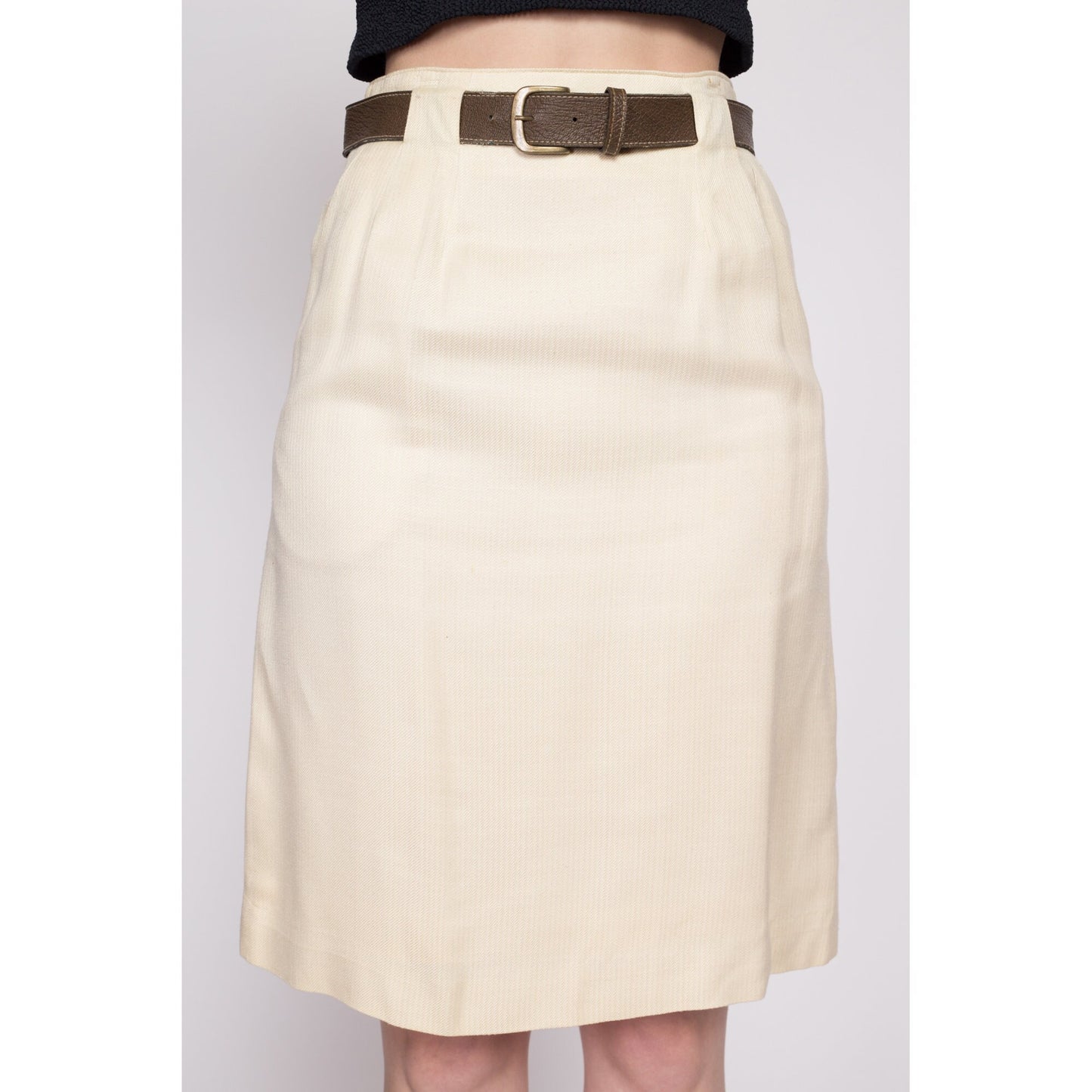 70s 80s Evan Picone Belted Skirt - Extra Small, 24.5" | Vintage Cream Secretary A Line Mini Skirt