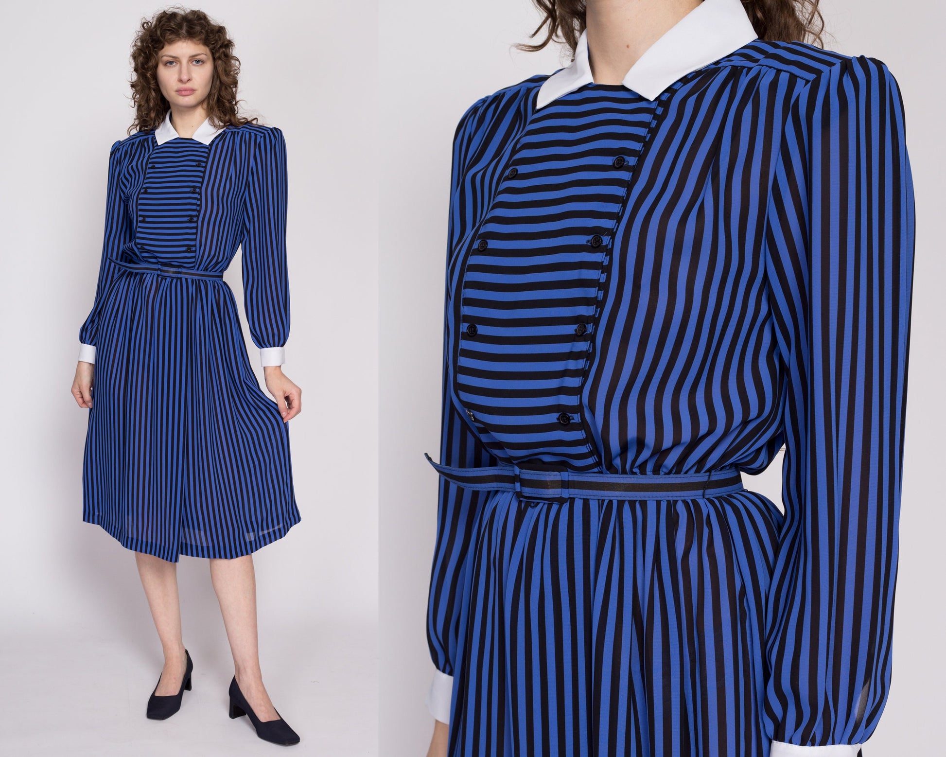 80s Black & Blue Striped Secretary Midi Dress - Medium – Flying Apple  Vintage