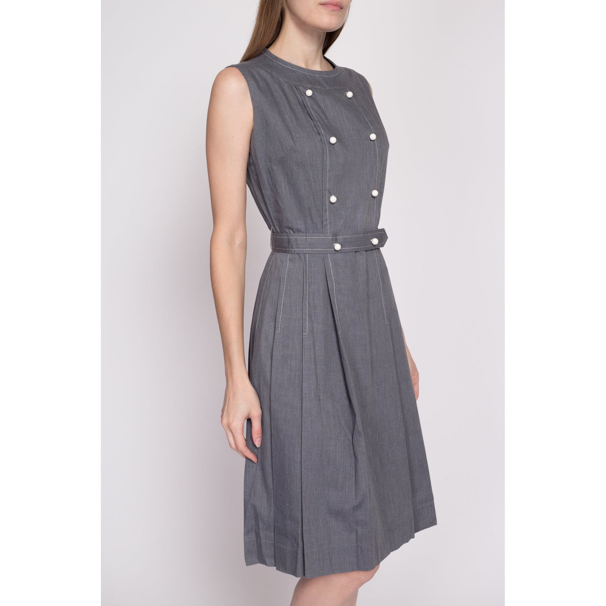 60s Grey Double Breasted Fit & Flare Dress - Small | Vintage Belted Mod Sleeveless Midi Dress