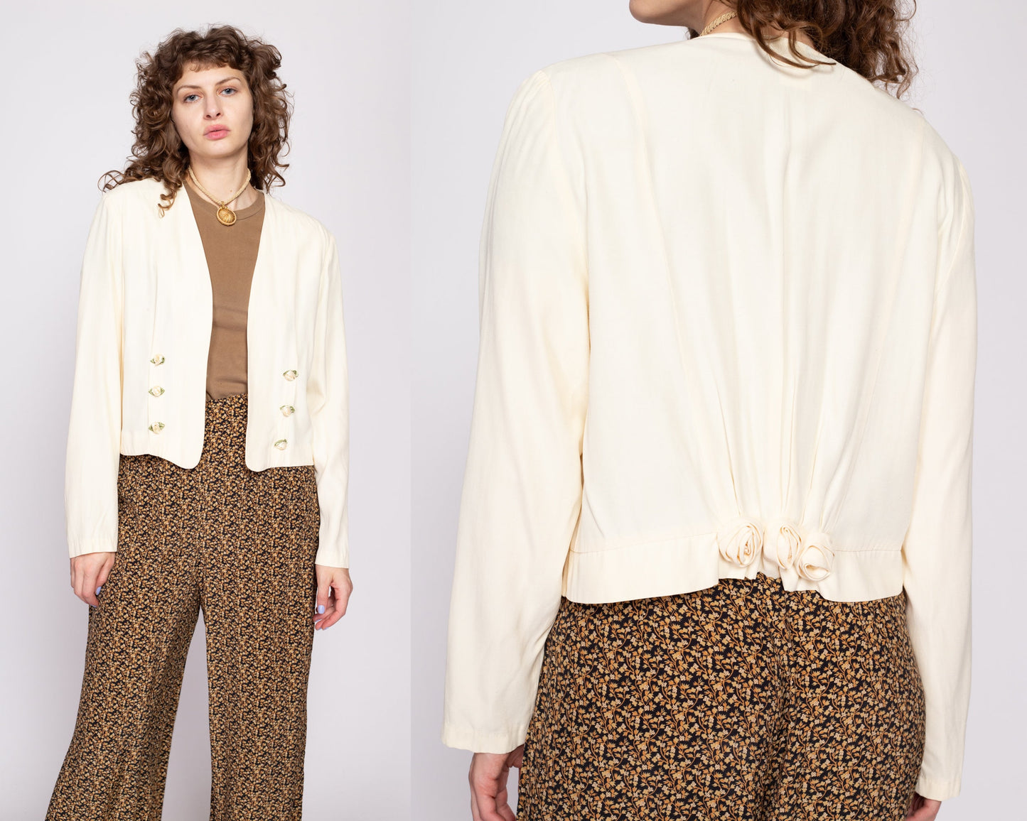 80s Ivory Rosette Bolero - Medium | Vintage Cropped Slouchy Open Fit Jacket