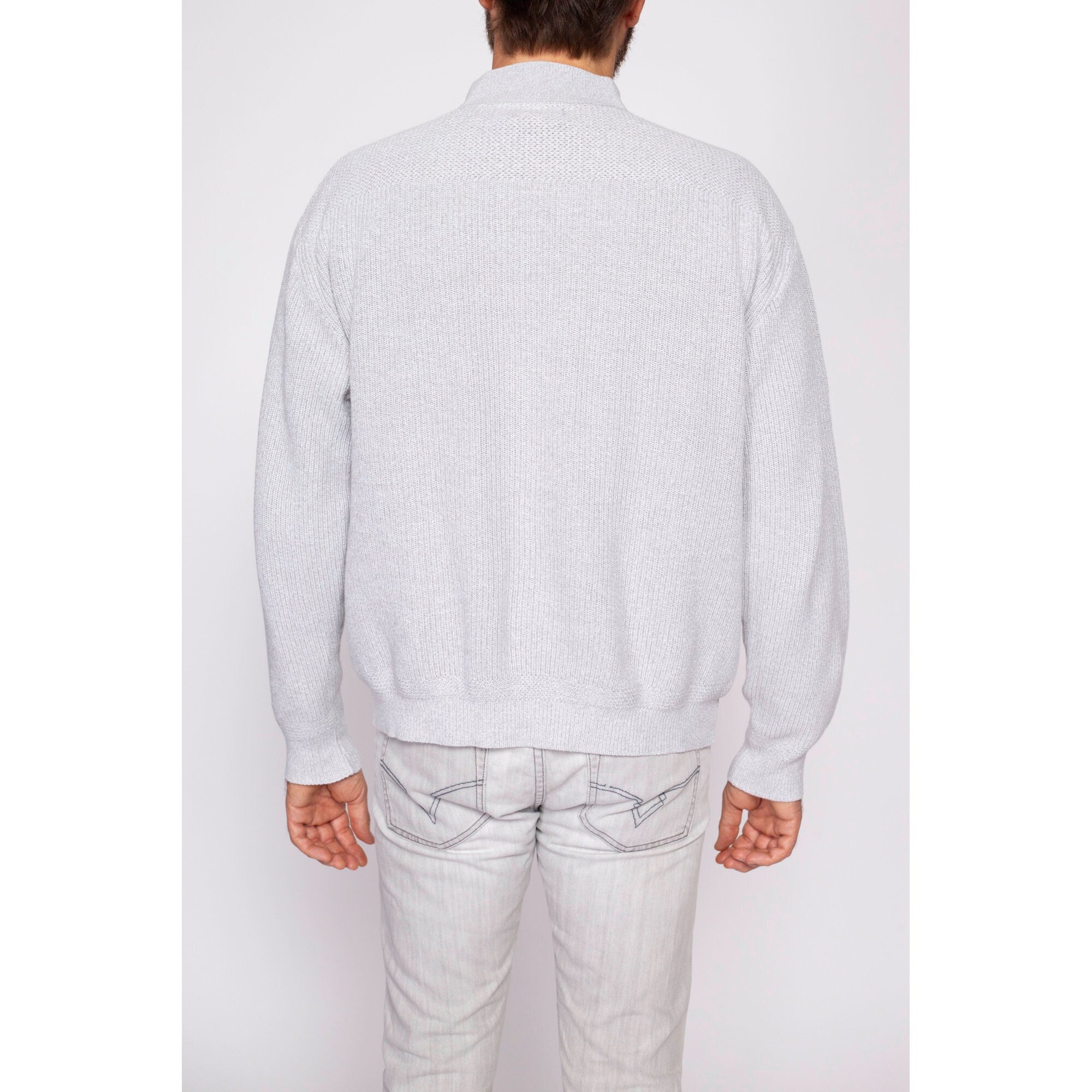 80s L.L. Bean Grey Knit Henley Sweater - Men's Large