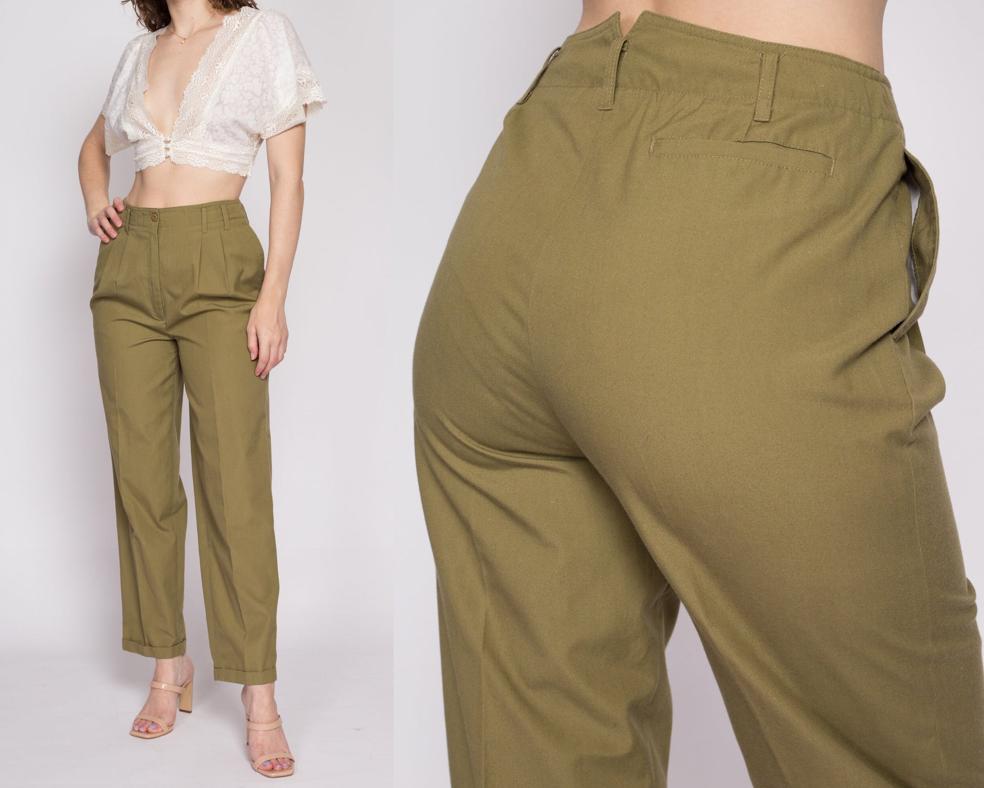 High-Waist Pleated Pants. Cuff & Pockets. Brown or Olive