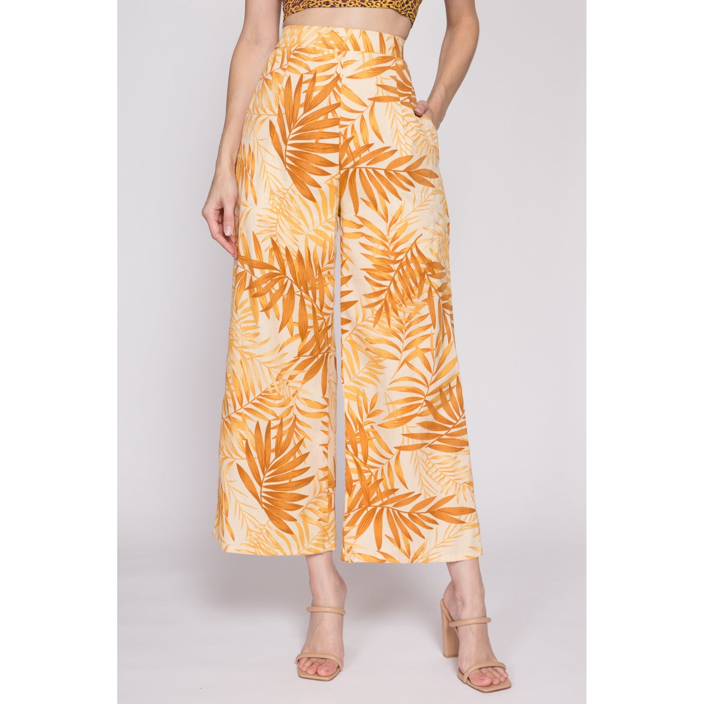 XS| Vintage Yellow Tropical Leaf Print Flared Pants - Extra Small | 90s Y2K Boho Palm Frond Casual Pocket Trousers