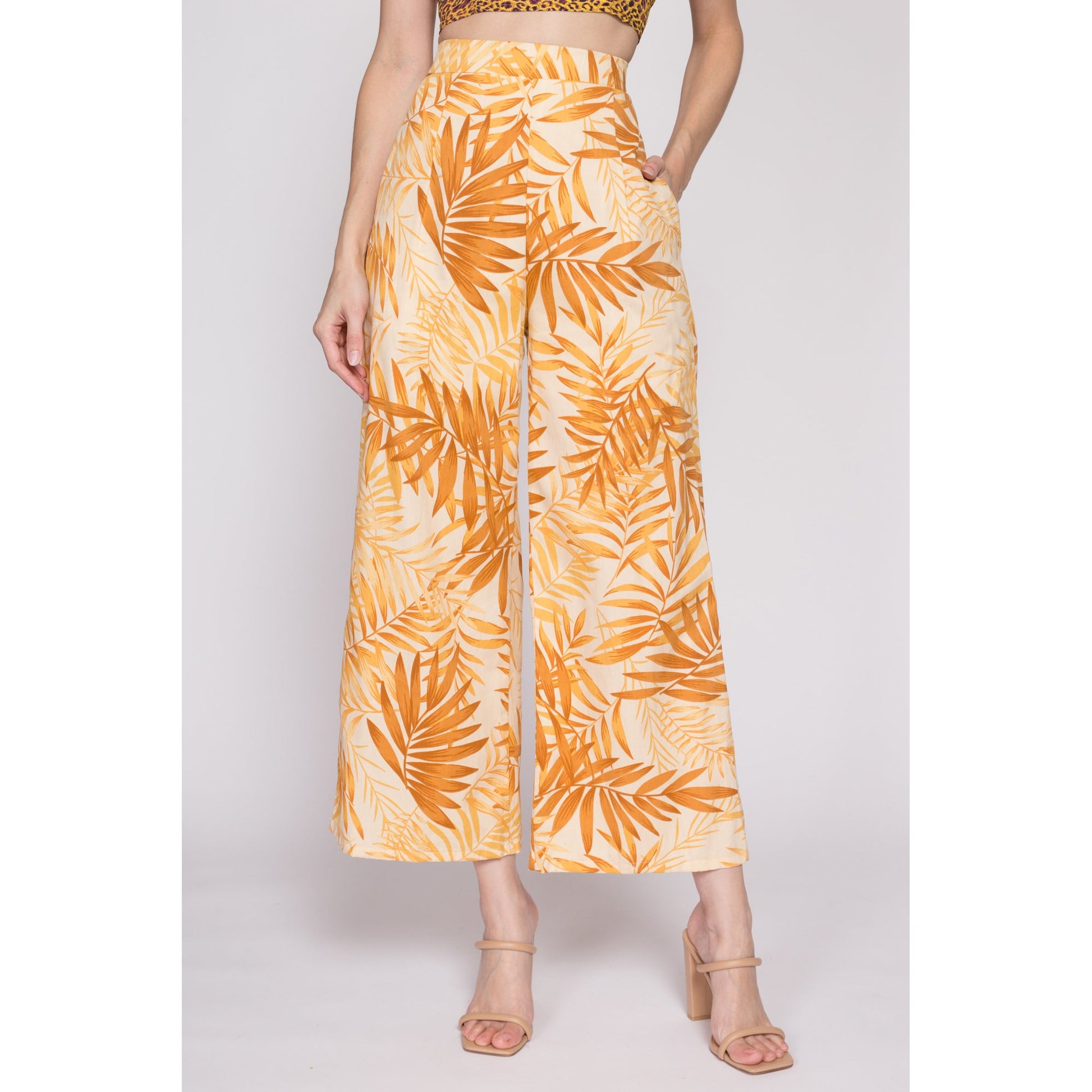 Vintage Yellow Tropical Leaf Print Flared Pants - Extra Small