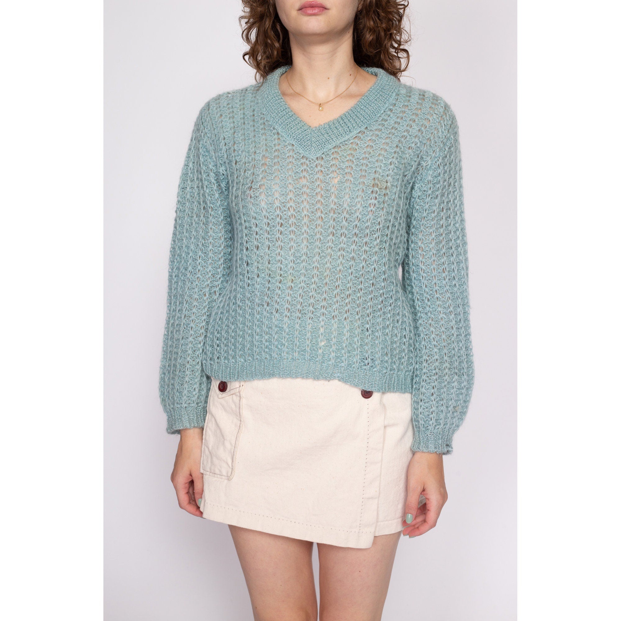 70s Aqua Blue Mohair Wool Sweater - Medium – Flying Apple Vintage