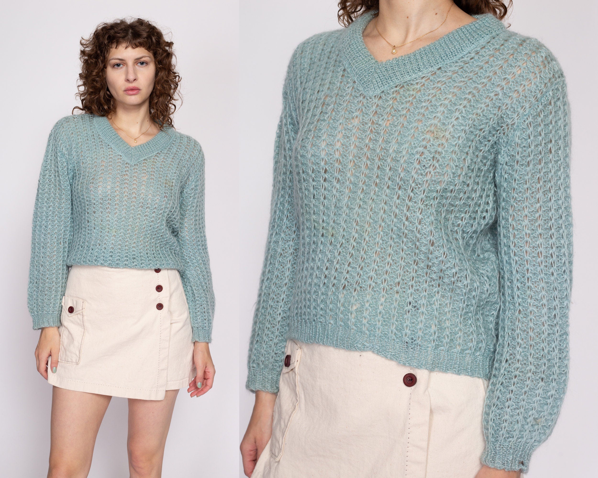 70s Aqua Blue Mohair Wool Sweater - Medium