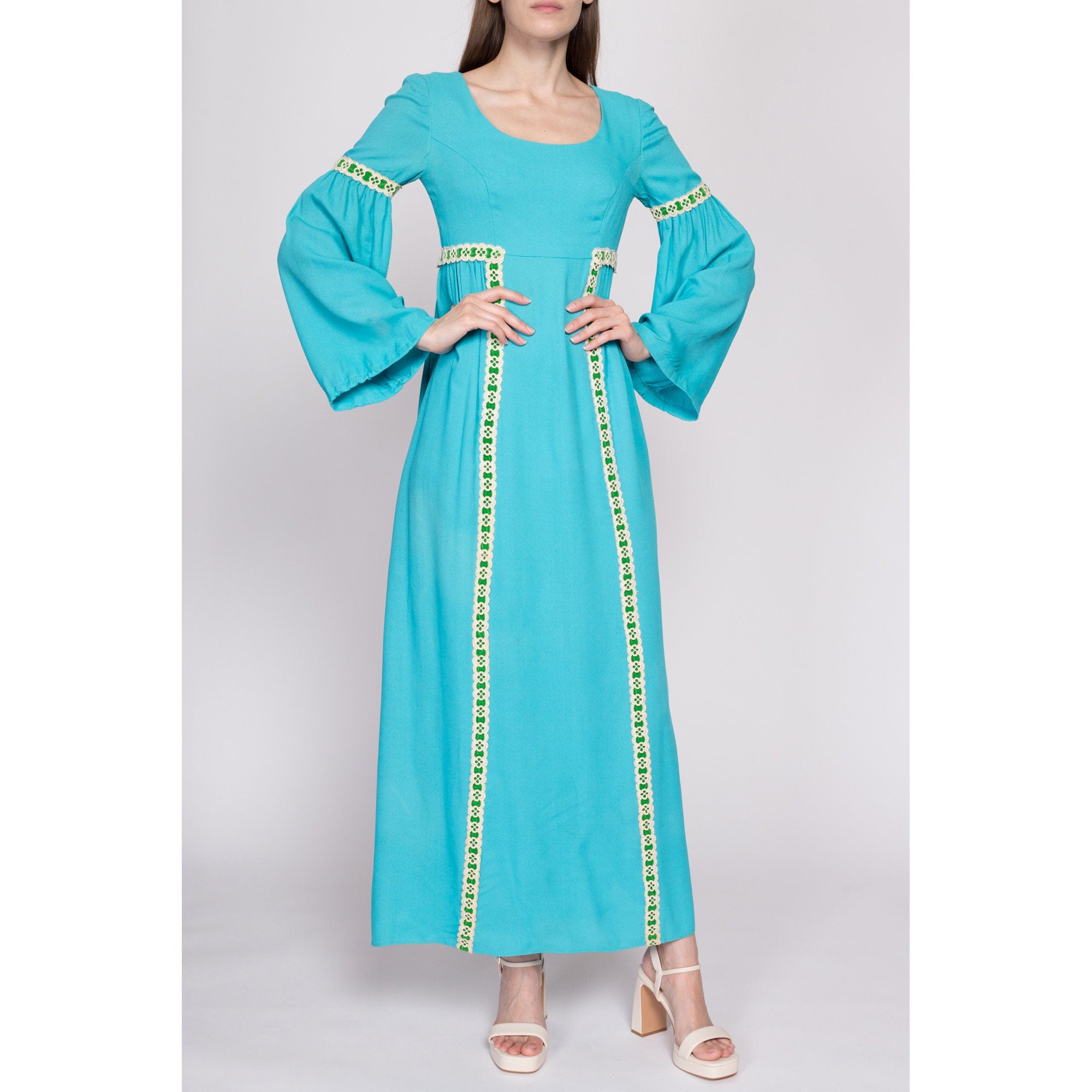 60s Boho Blue Empire Waist Bell Sleeve Maxi Dress, As Is - Extra