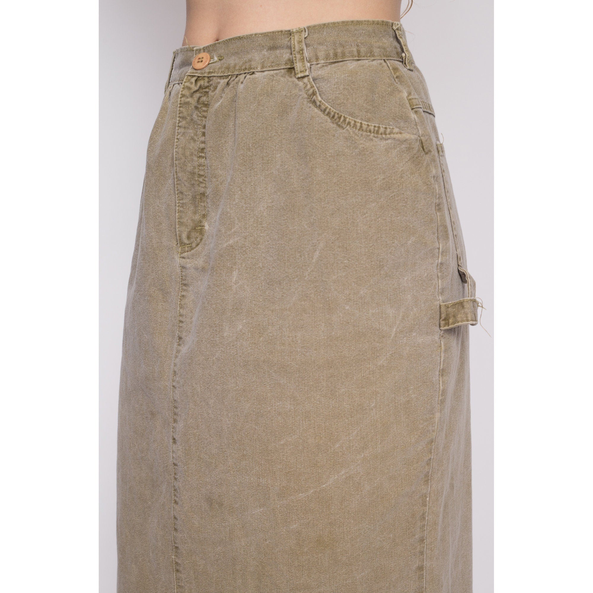 90s Olive Khaki Midi Carpenter Skirt - Medium, 28
