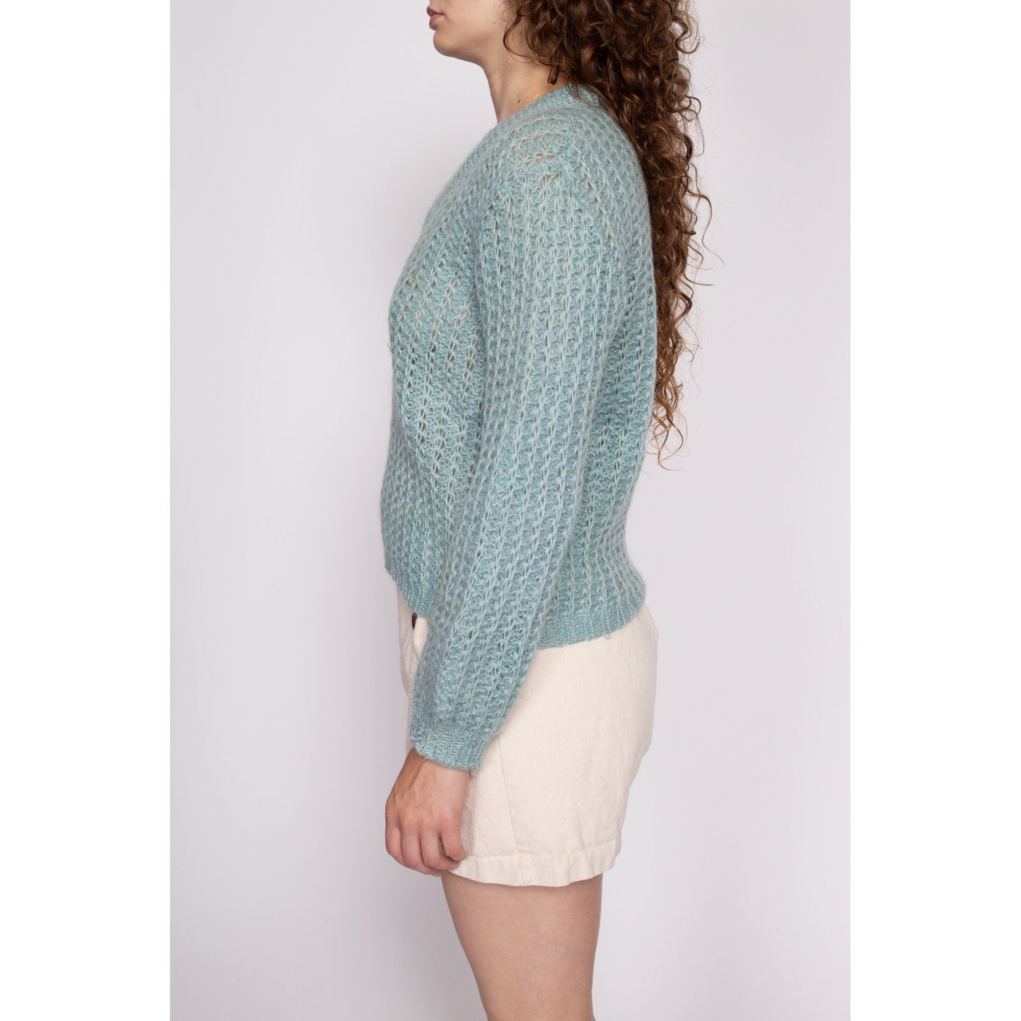 70s Aqua Blue Mohair Wool Sweater - Medium