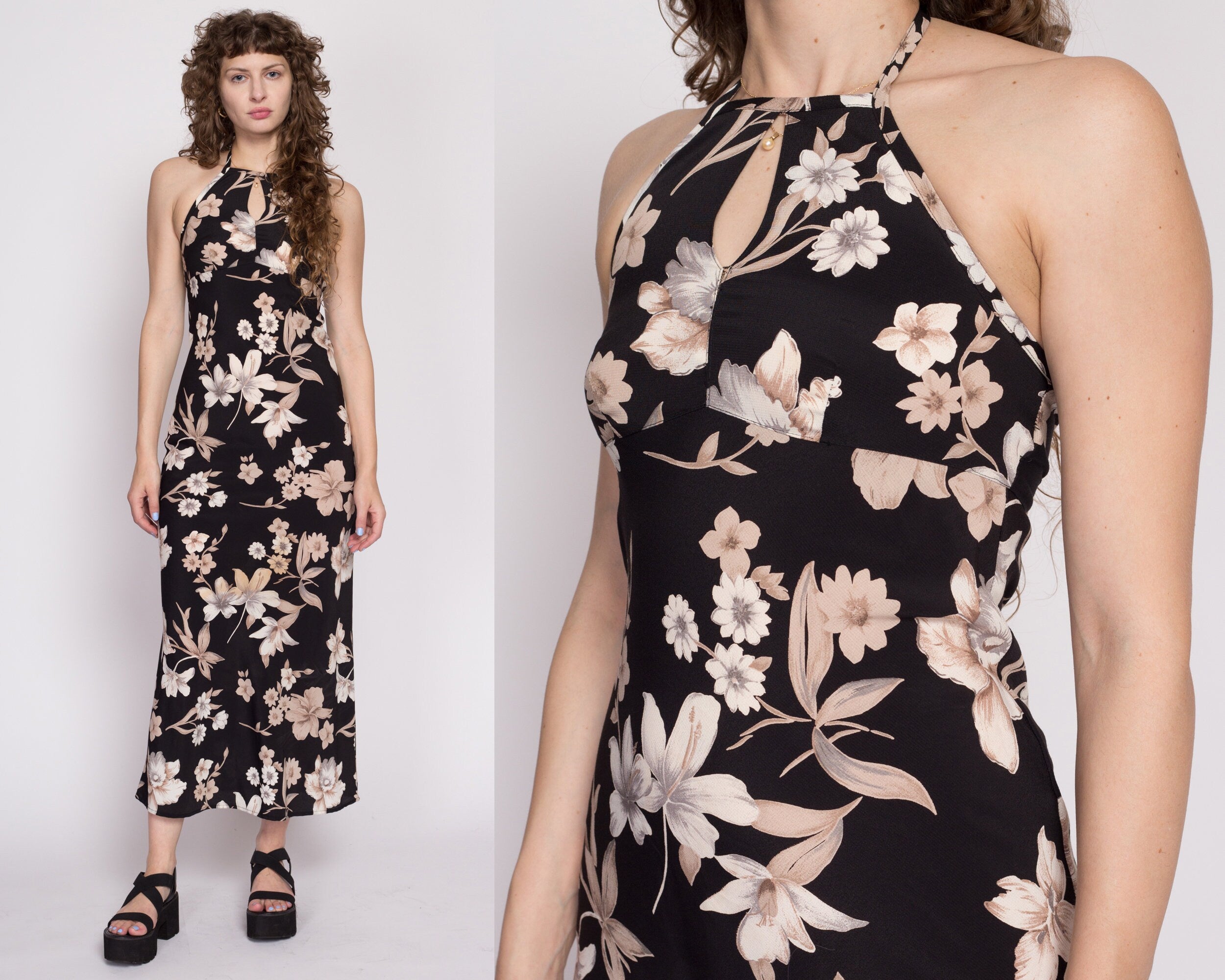 XS 90s Boho Black Floral Halter Maxi Dress – Flying Apple Vintage