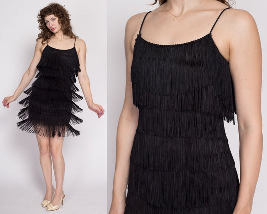 XS-S| 90s Black Fringe Flapper Dress - XS to Small | Vintage 1920s Costume Mini Party Dress