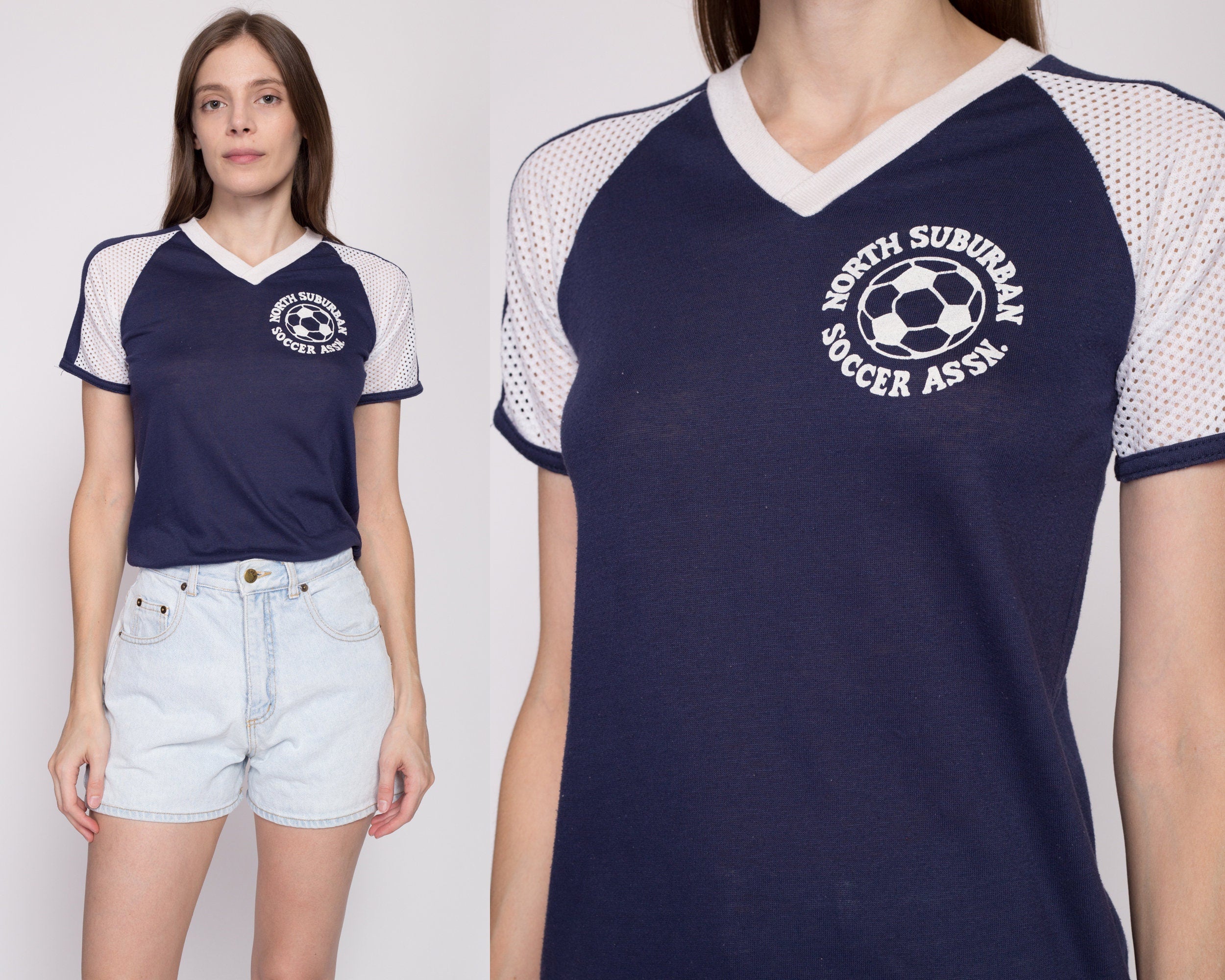 70s Navy Blue Mesh Soccer Jersey Tee - Extra Small