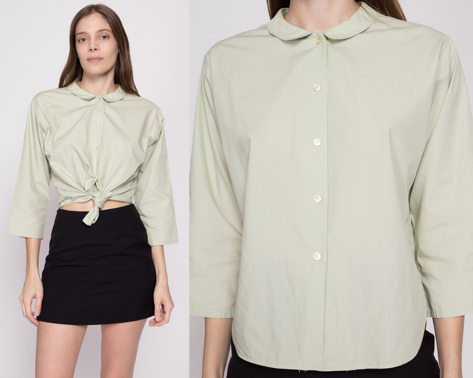 Large 50s 60s Sage Green Blouse | Vintage Peter Pan Collar Button Up 3/4 Sleeve Shirt