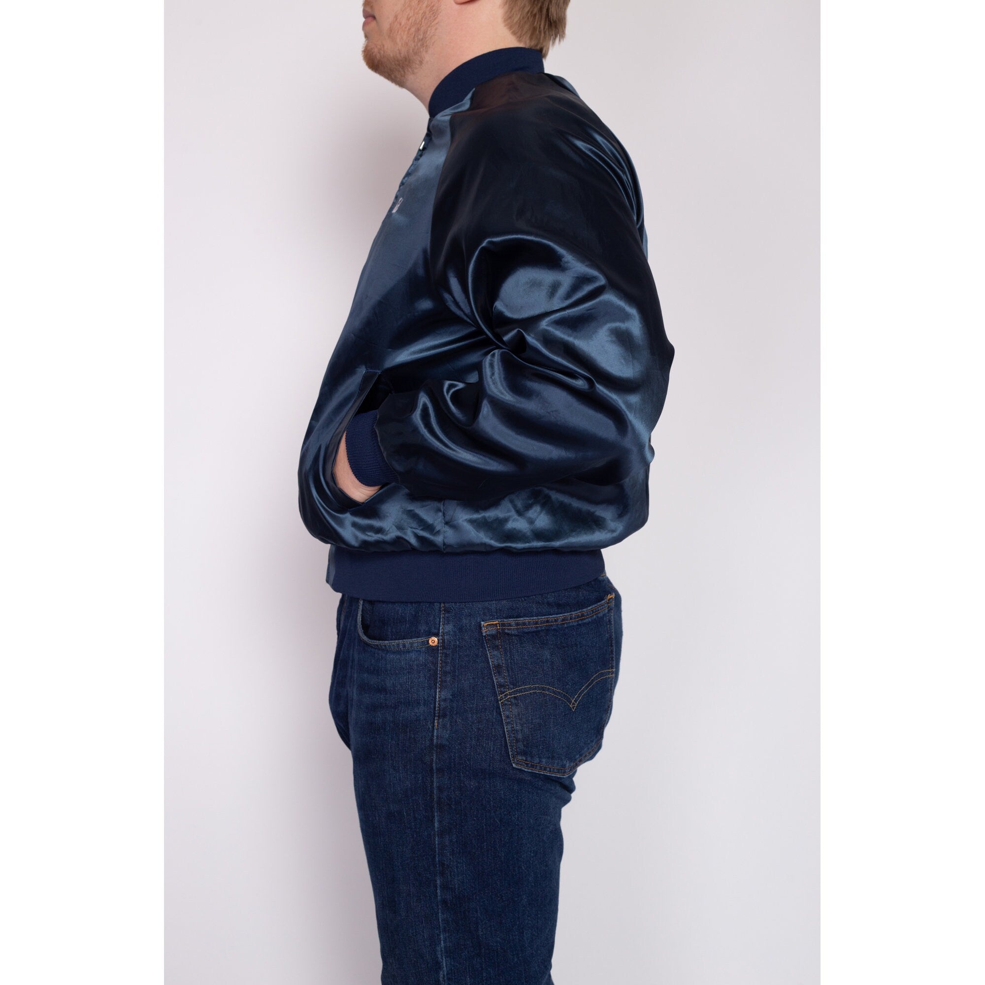 Large 70s Late Great Chevys Blue Satin Varsity Jacket