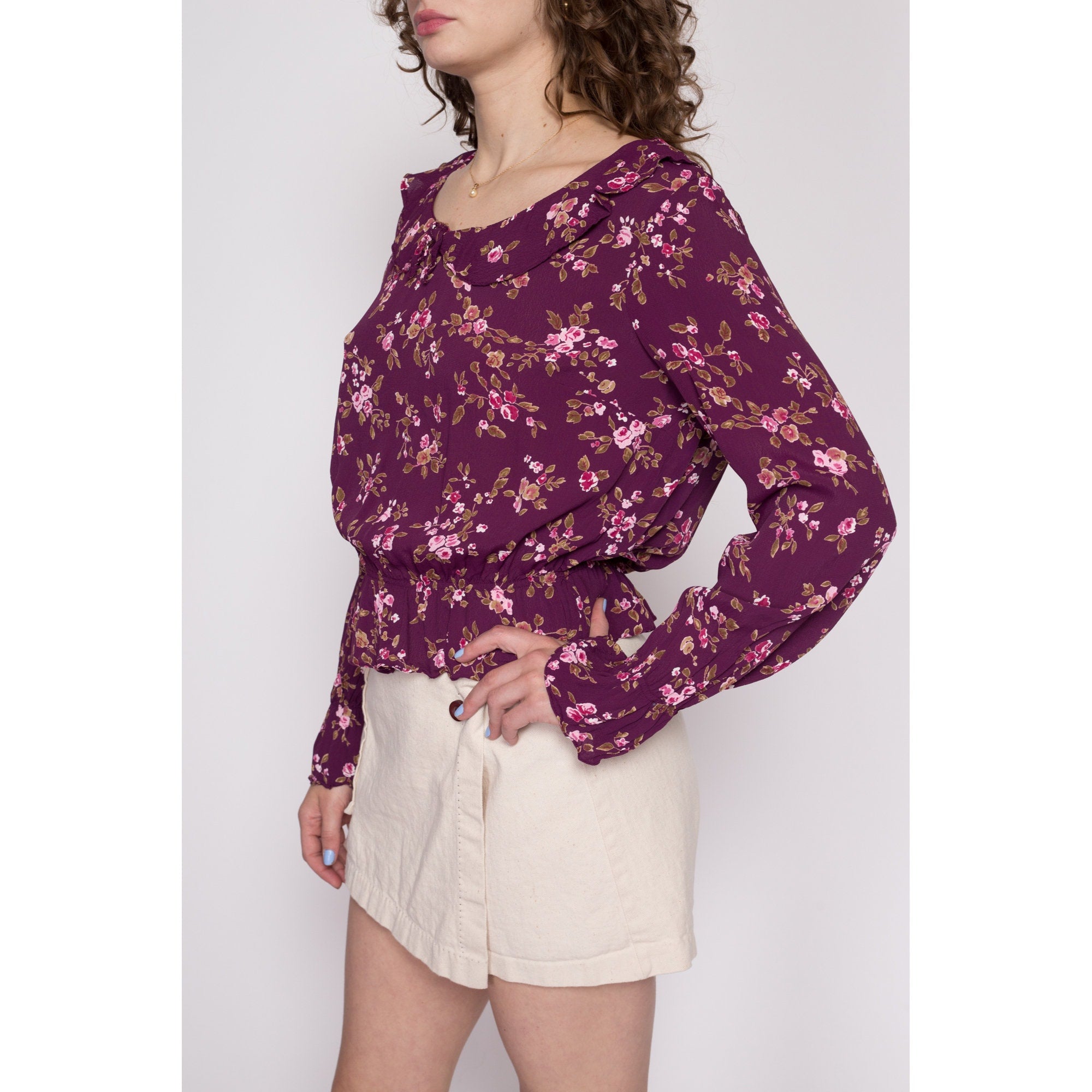 Vintage THOMAS WYLDE Women's Silk Y2K authentic Bell Sleeve Blouse Top White Purple Size M