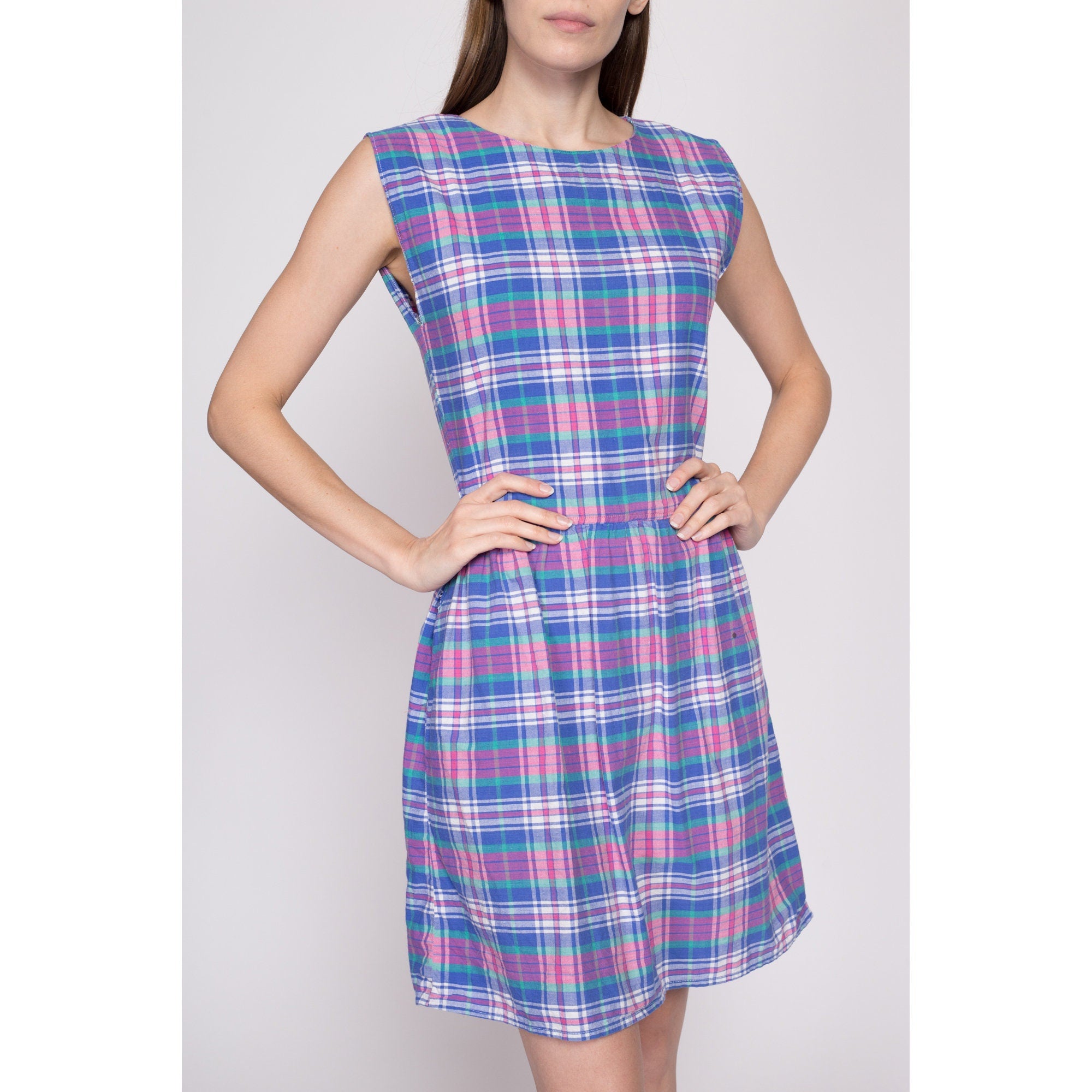 Flying Apple Vintage Small 90s Madras Plaid Drop Waist Dress