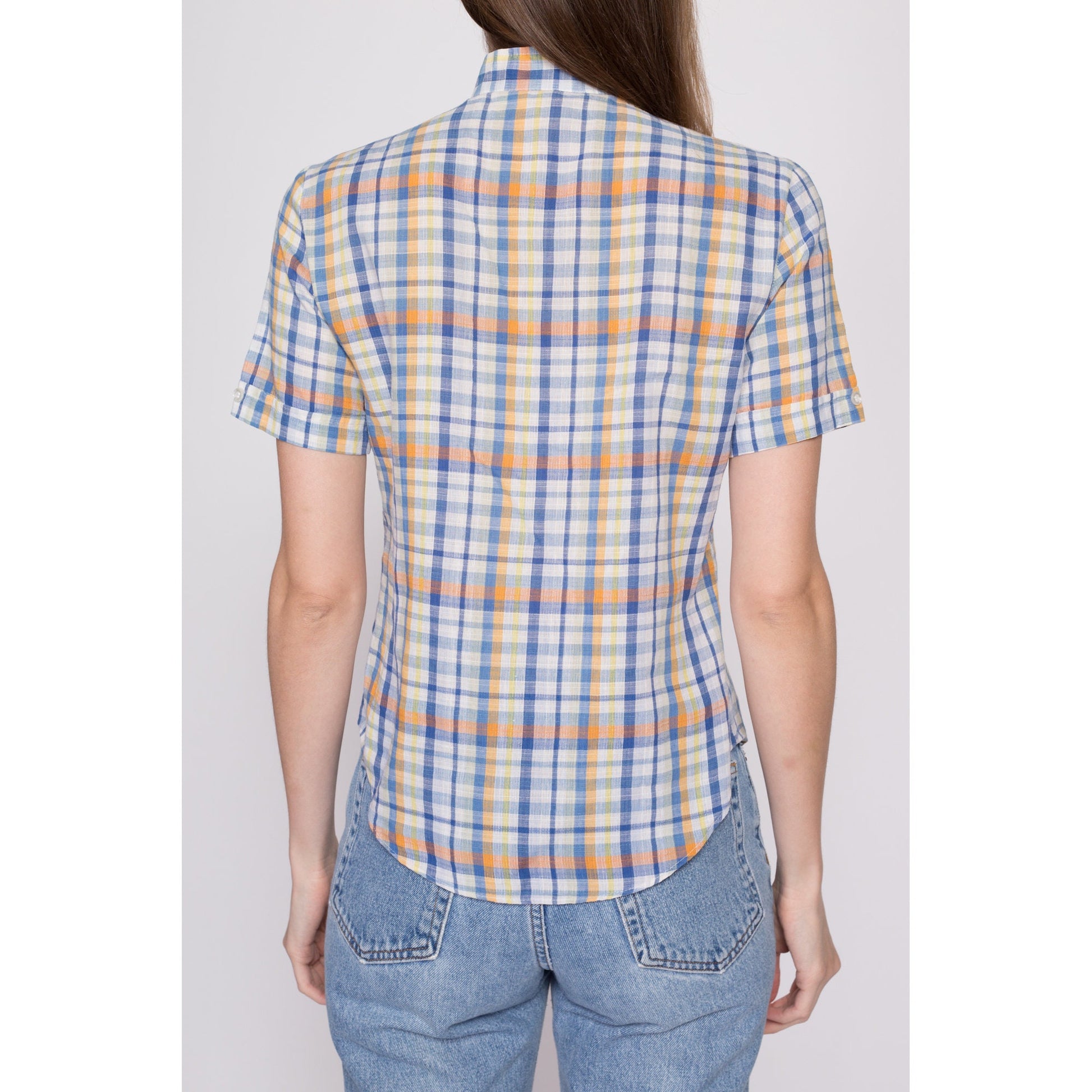 eB7 Lucky Brand Womens Shirt Small Plaid Crepe Orange White Blue 7W45361  193315362878 on eBid United States
