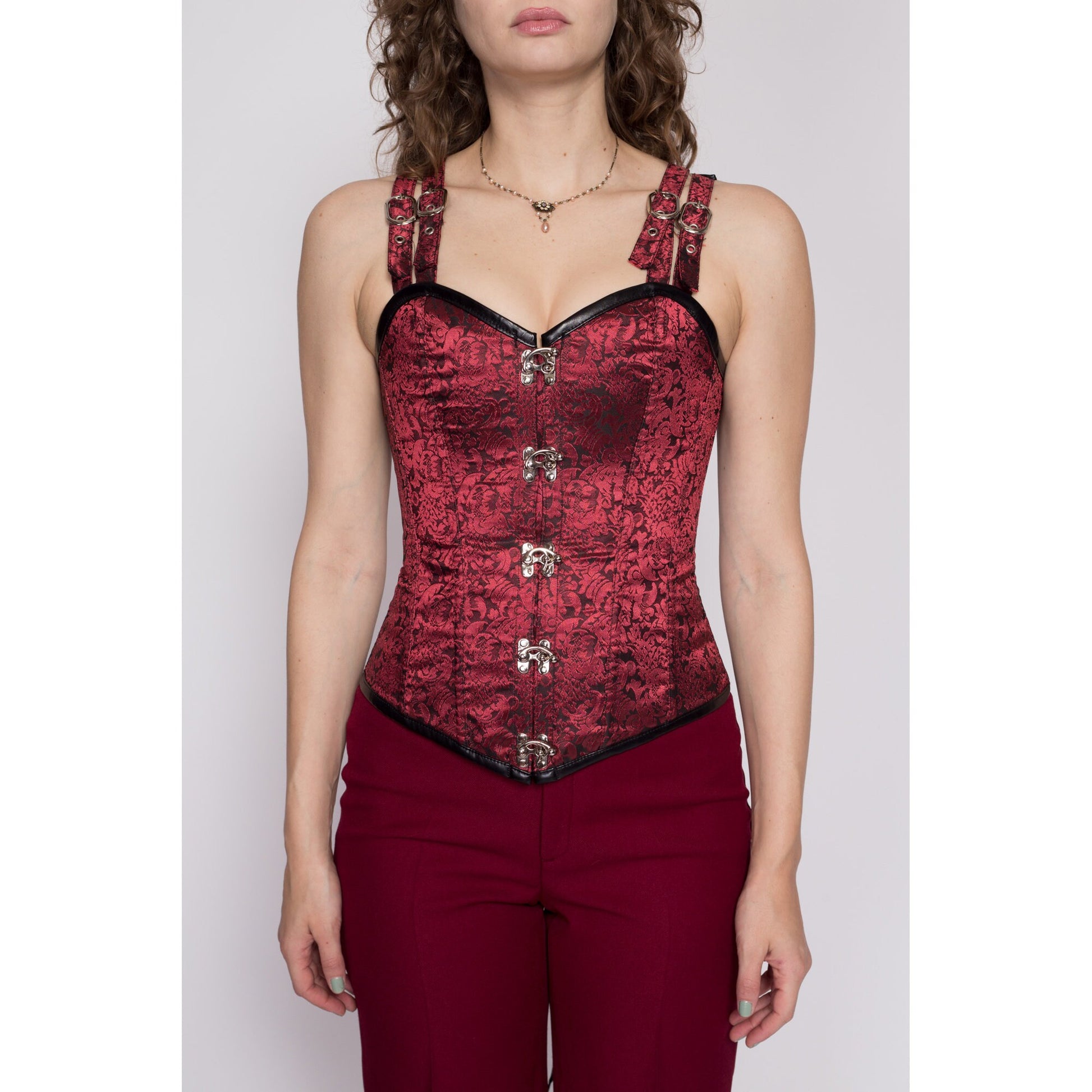 Red Jacquard Satin Ruffle Trim Lace Up Back Western Corset Top, pinup, pin  up, Strapless, Top, Biker, Bustier, Gypsy, red, satin, jacquard, jaquard,  lace up, boho, cowgirl, western, sexy top, corset top