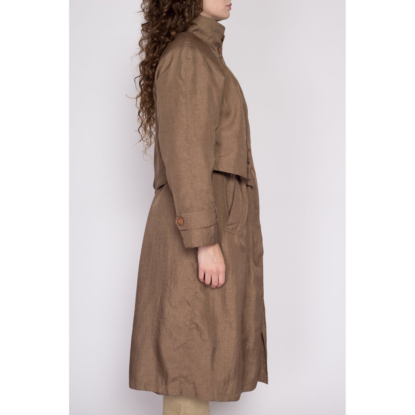 Medium 80s Brown New Wave Trench Coat | Vintage Komitor Minimalist Long Sleeve Midi Jacket