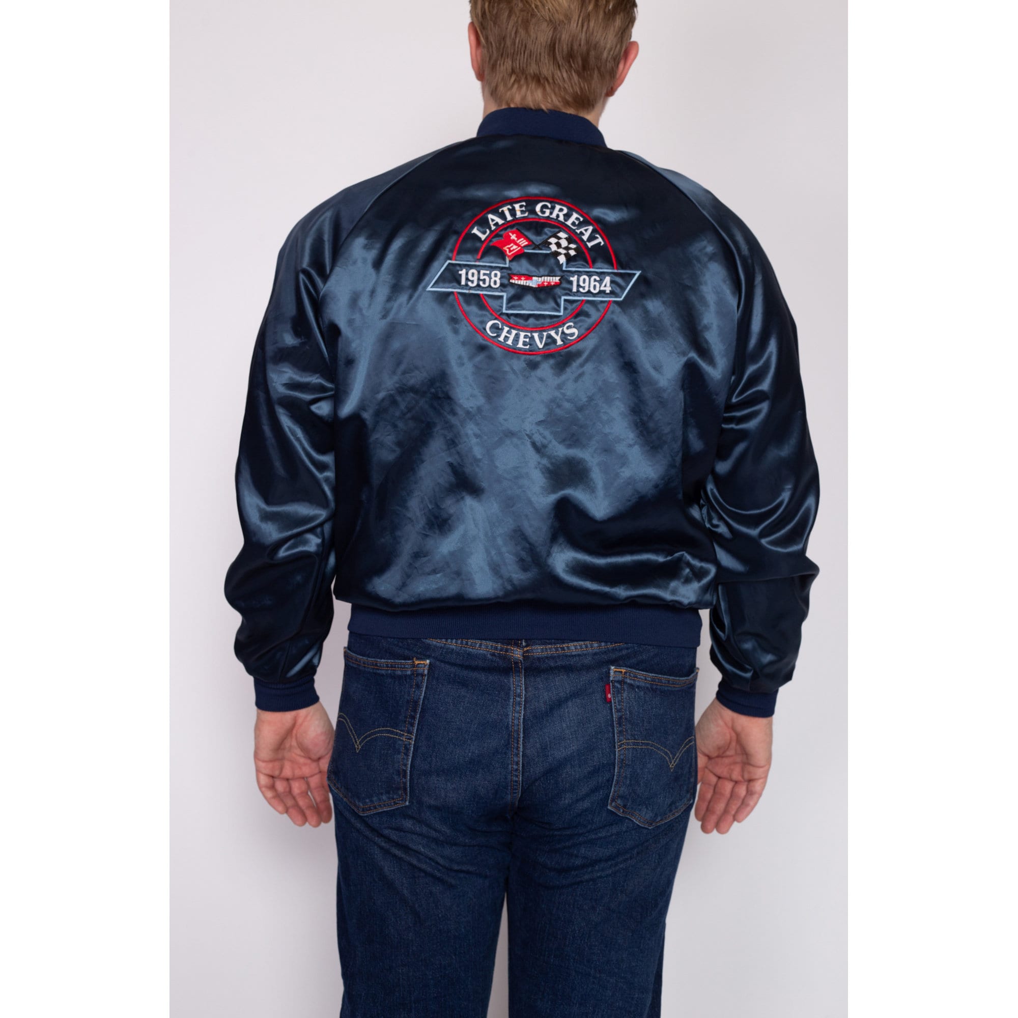 Large 70s Late Great Chevys Blue Satin Varsity Jacket – Flying