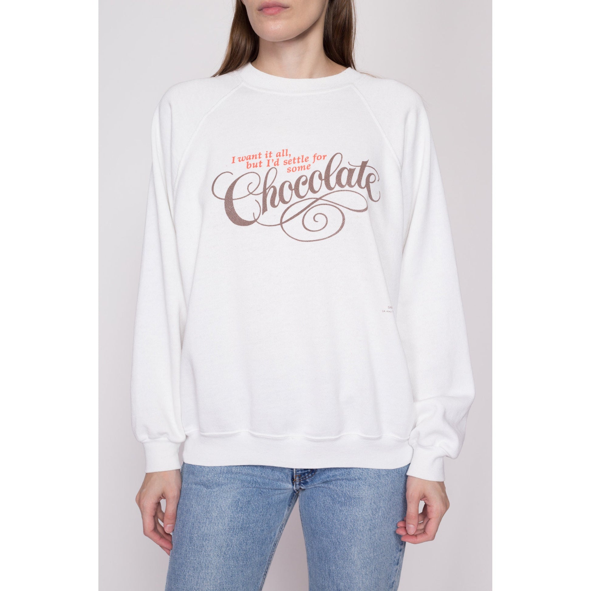 XL 90s "I'd Settle For Some Chocolate" Sweatshirt | Vintage Shoebox Greetings White Raglan Sleeve Funny Graphic Crewneck