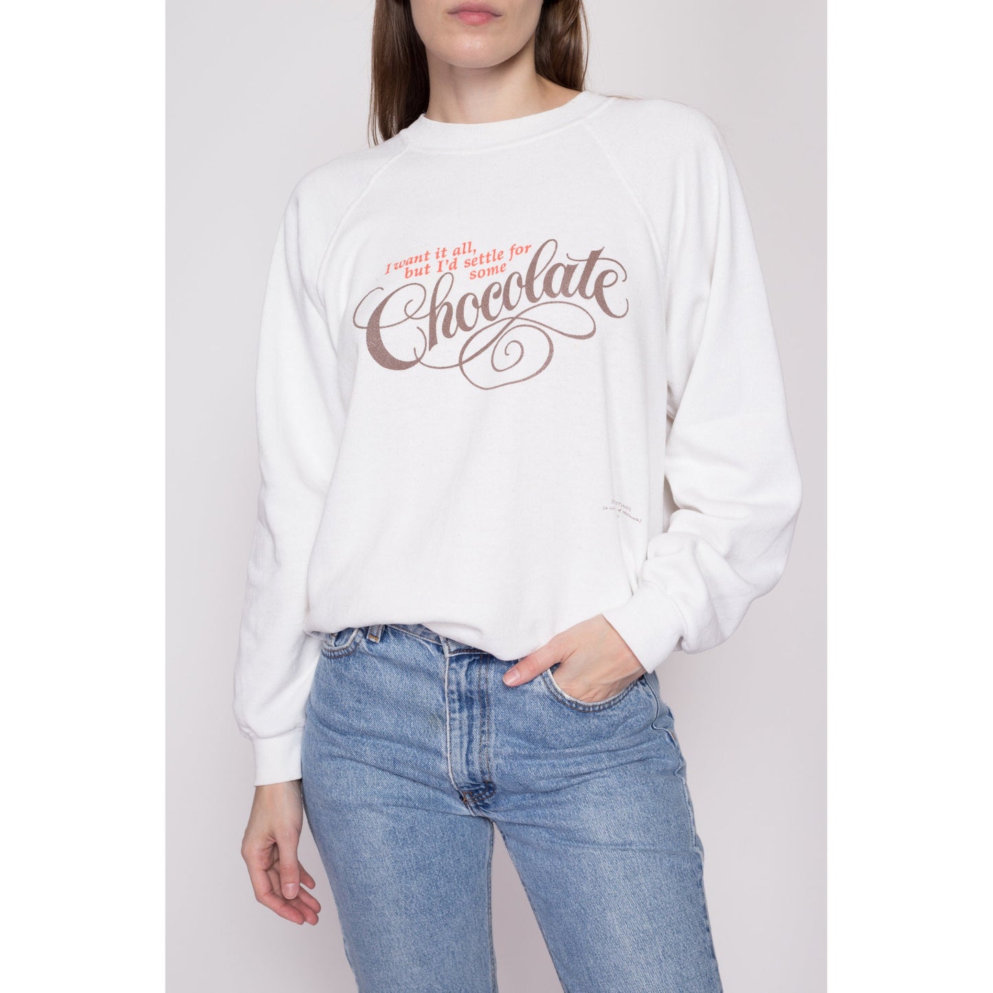 XL 90s "I'd Settle For Some Chocolate" Sweatshirt | Vintage Shoebox Greetings White Raglan Sleeve Funny Graphic Crewneck