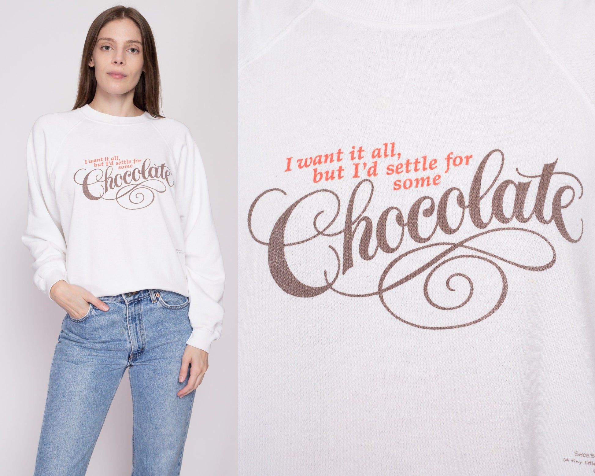 XL 90s "I'd Settle For Some Chocolate" Sweatshirt | Vintage Shoebox Greetings White Raglan Sleeve Funny Graphic Crewneck