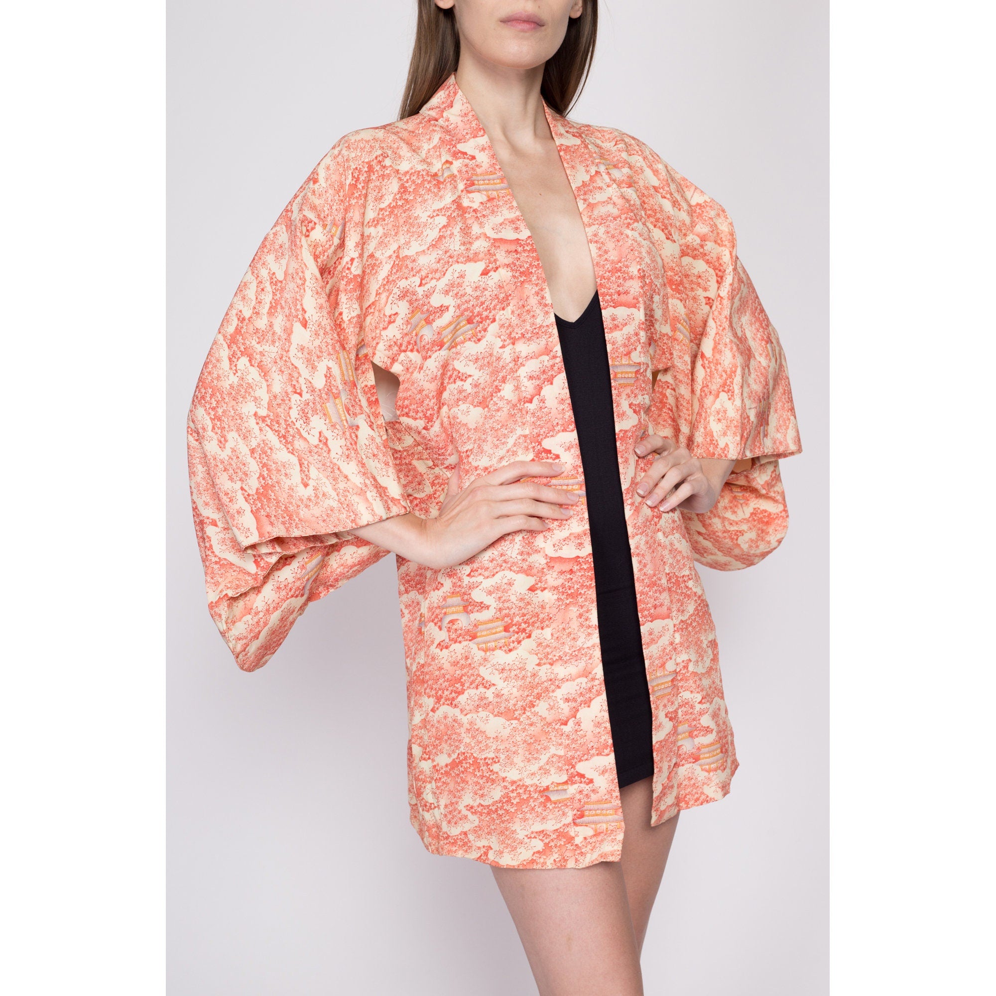 One Size Vintage Japanese Pagoda Print Silk Haori Kimono – Flying 