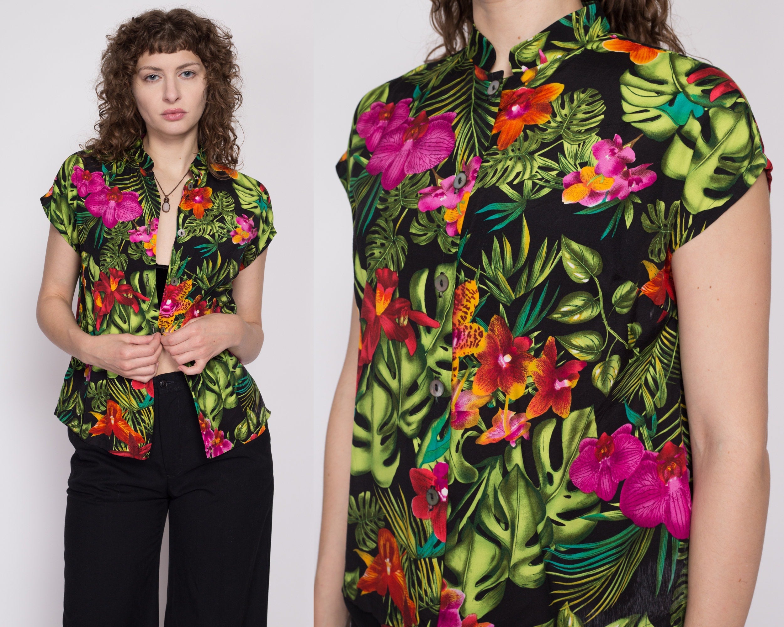 Petite Medium 90s Orchid Floral Print Nehru Collar Blouse