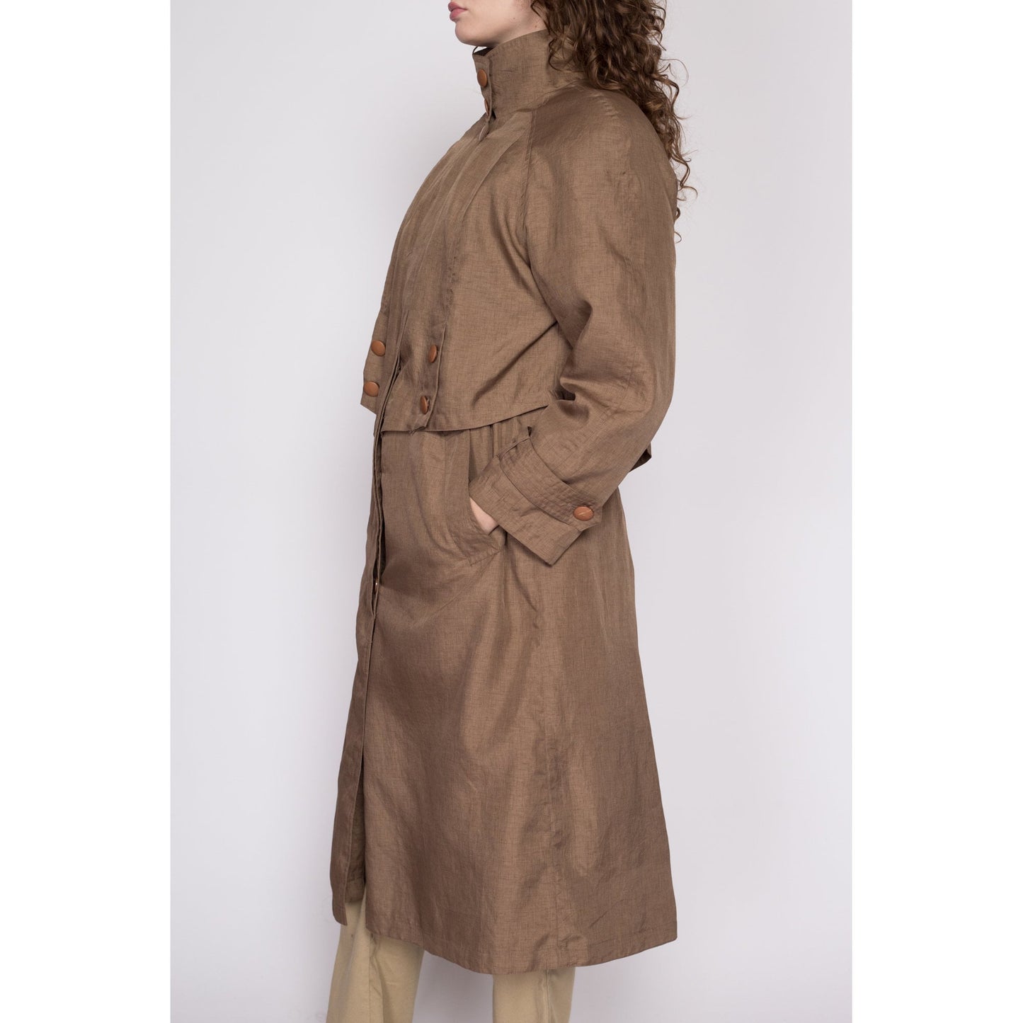 Medium 80s Brown New Wave Trench Coat | Vintage Komitor Minimalist Long Sleeve Midi Jacket