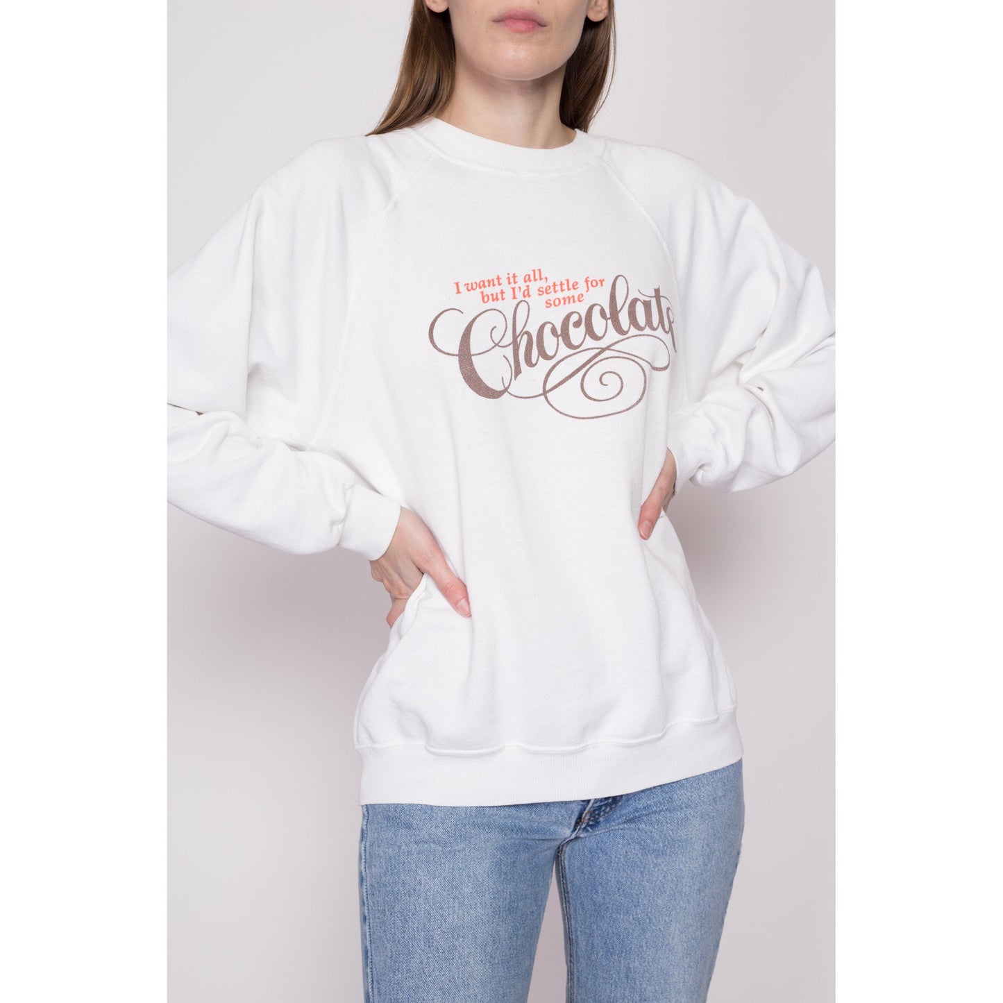 XL 90s "I'd Settle For Some Chocolate" Sweatshirt | Vintage Shoebox Greetings White Raglan Sleeve Funny Graphic Crewneck