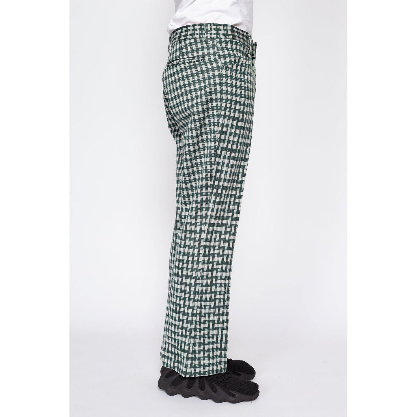 32" Waist 70s Green & White Gingham Trousers | Vintage Men's Retro High Waisted Plaid Bootcut Pants