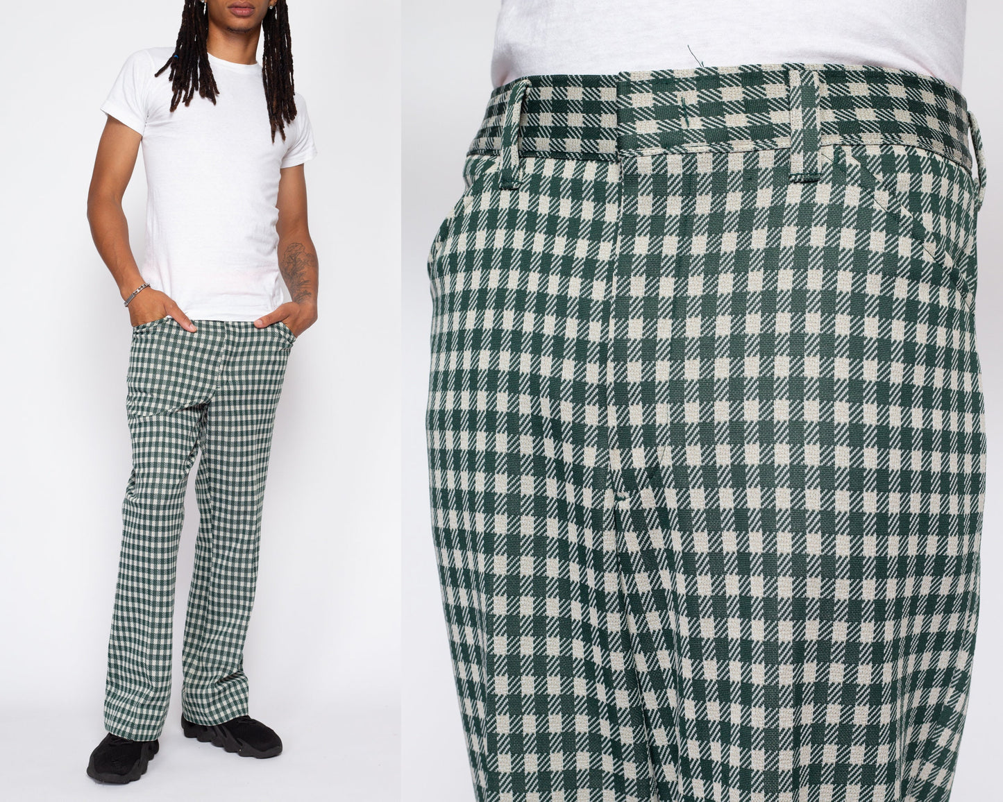 32" Waist 70s Green & White Gingham Trousers | Vintage Men's Retro High Waisted Plaid Bootcut Pants