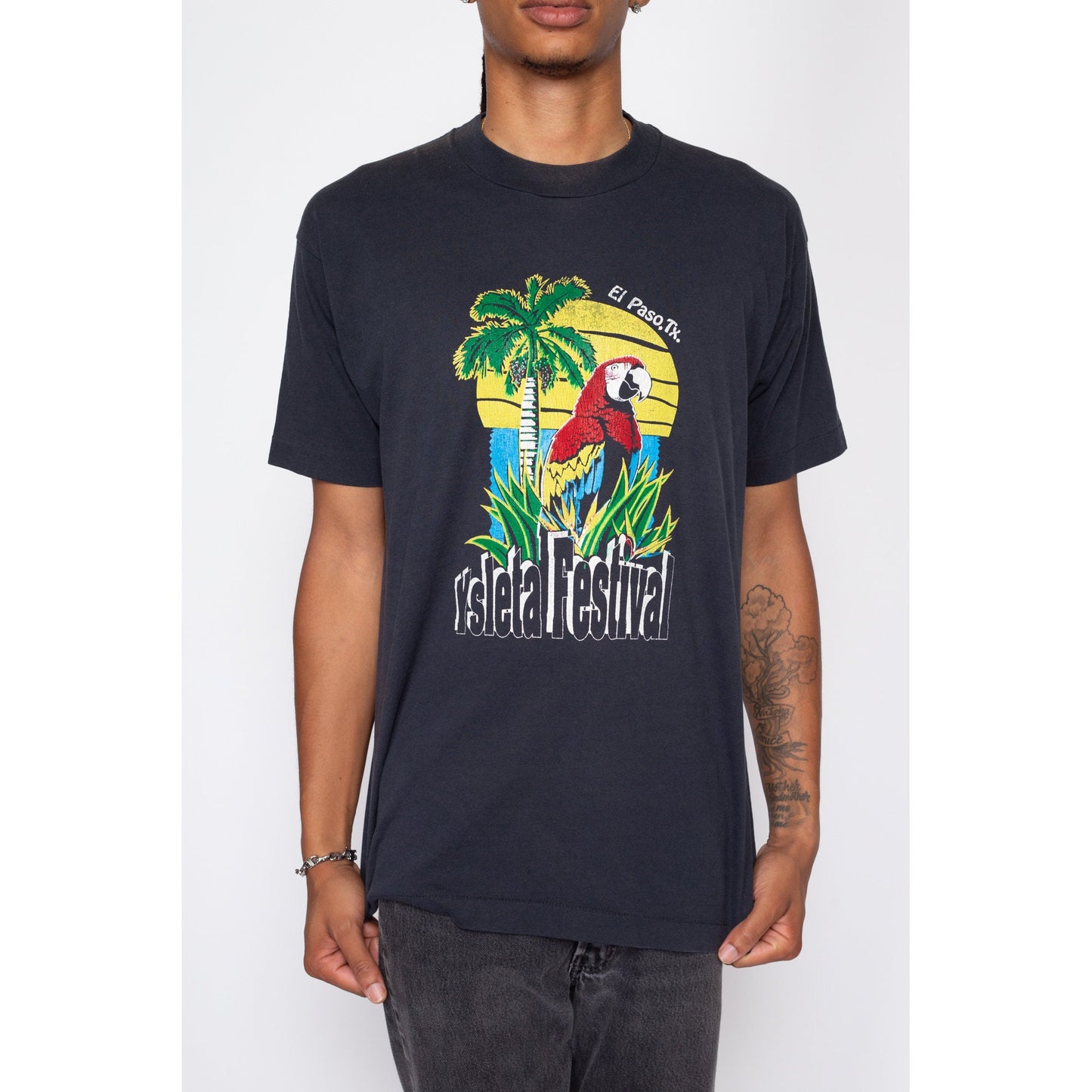 Large 90s Ysleta Festival Parrot T Shirt | Vintage El Paso Texas Mission Black Graphic Tourist Tee