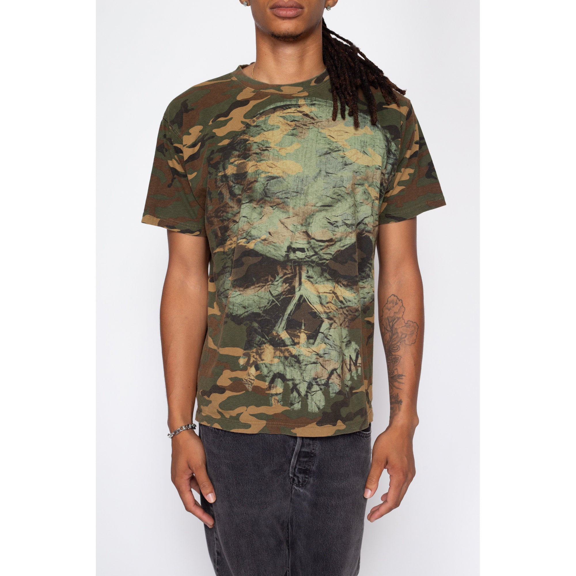 Large Y2K Camo Print Skull T Shirt