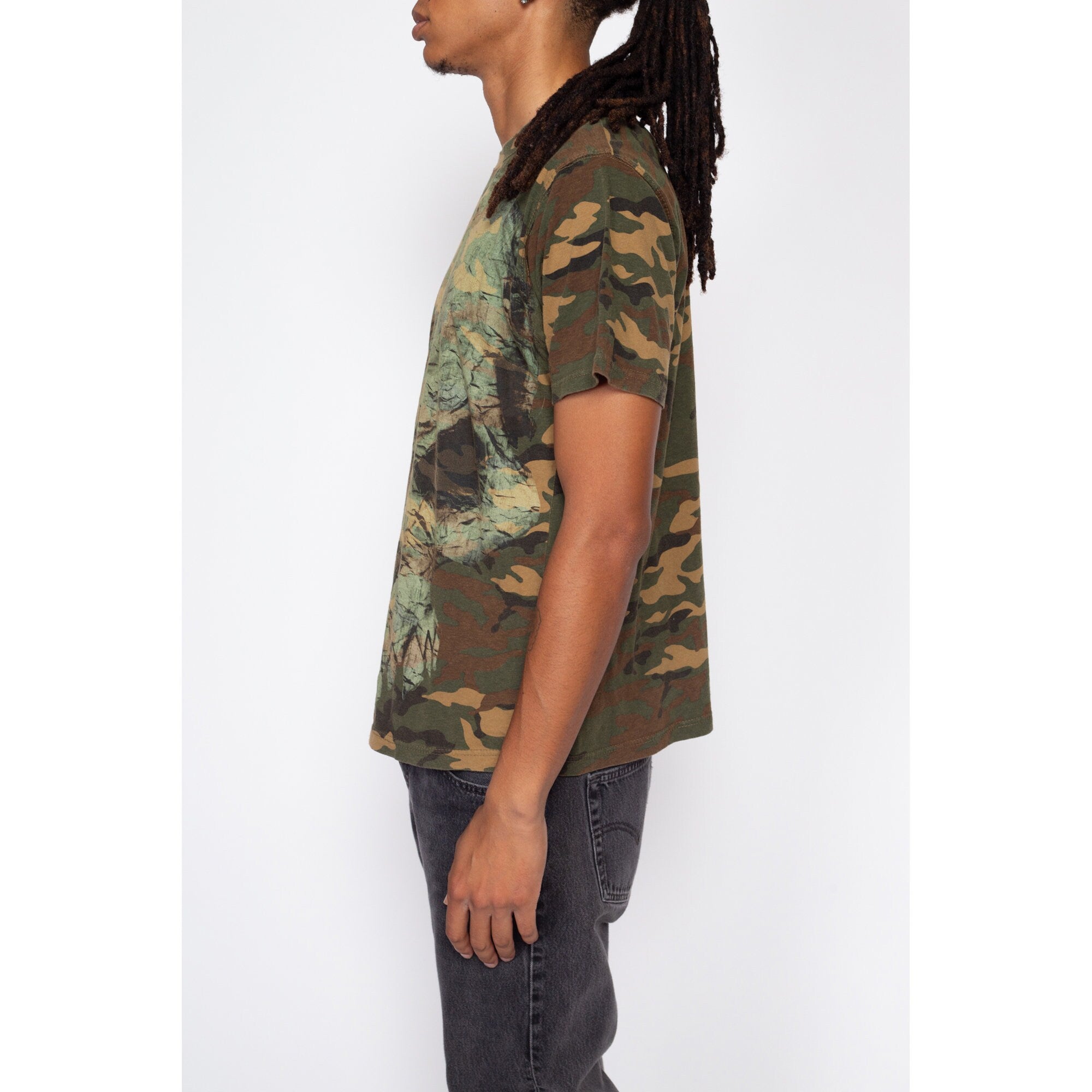 Large Y2K Camo Print Skull T Shirt