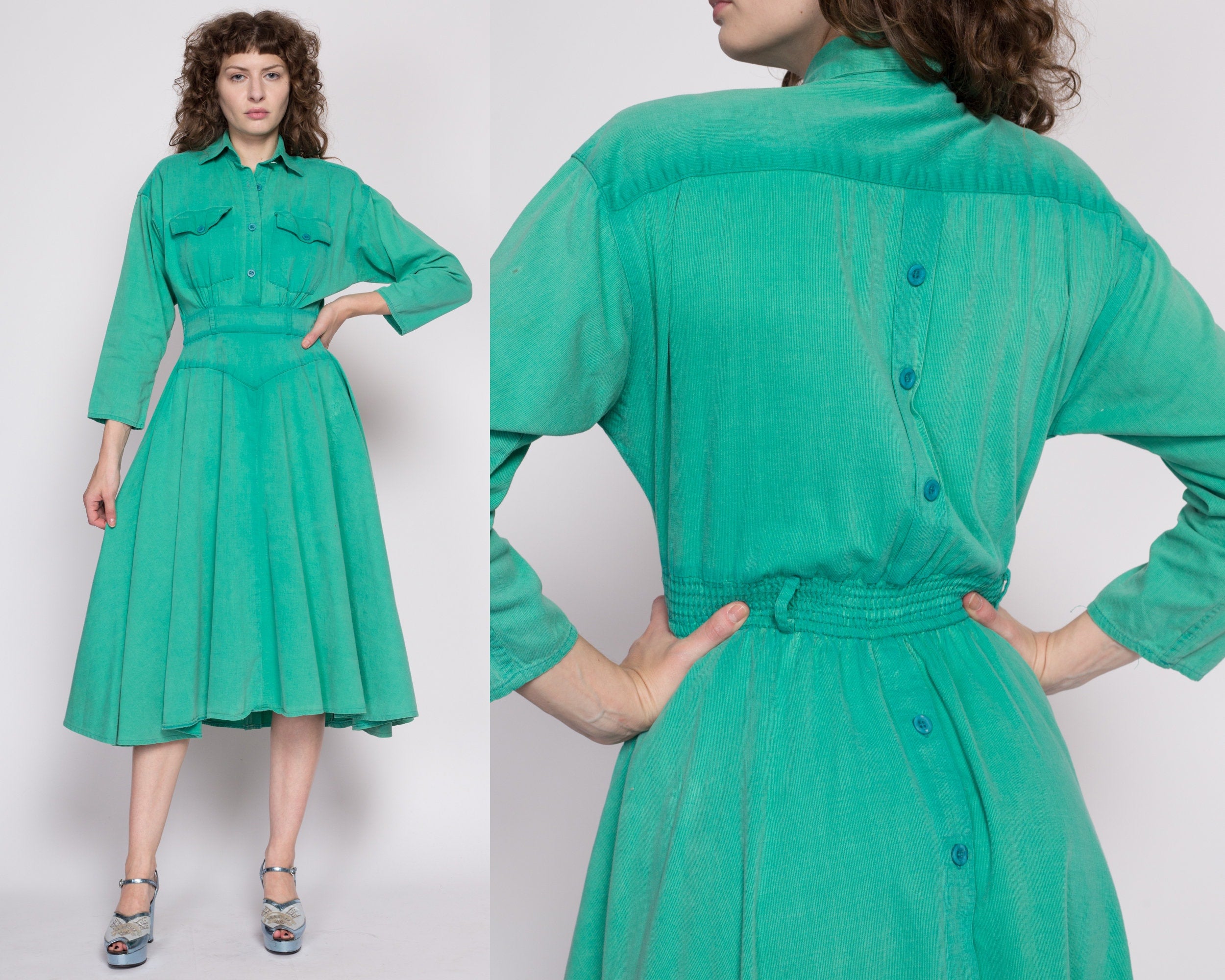 Small 80s Mint Green Corduroy Midi Shirt Dress – Flying Apple Vintage