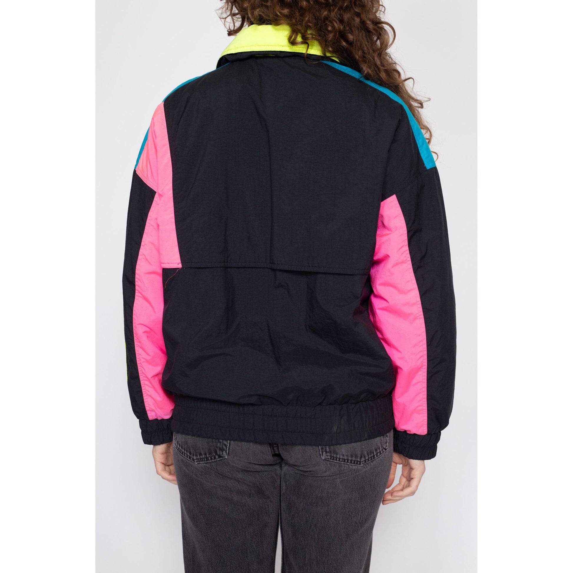 Black 80s windbreaker jacket with neon pink geometric pattern on Craiyon