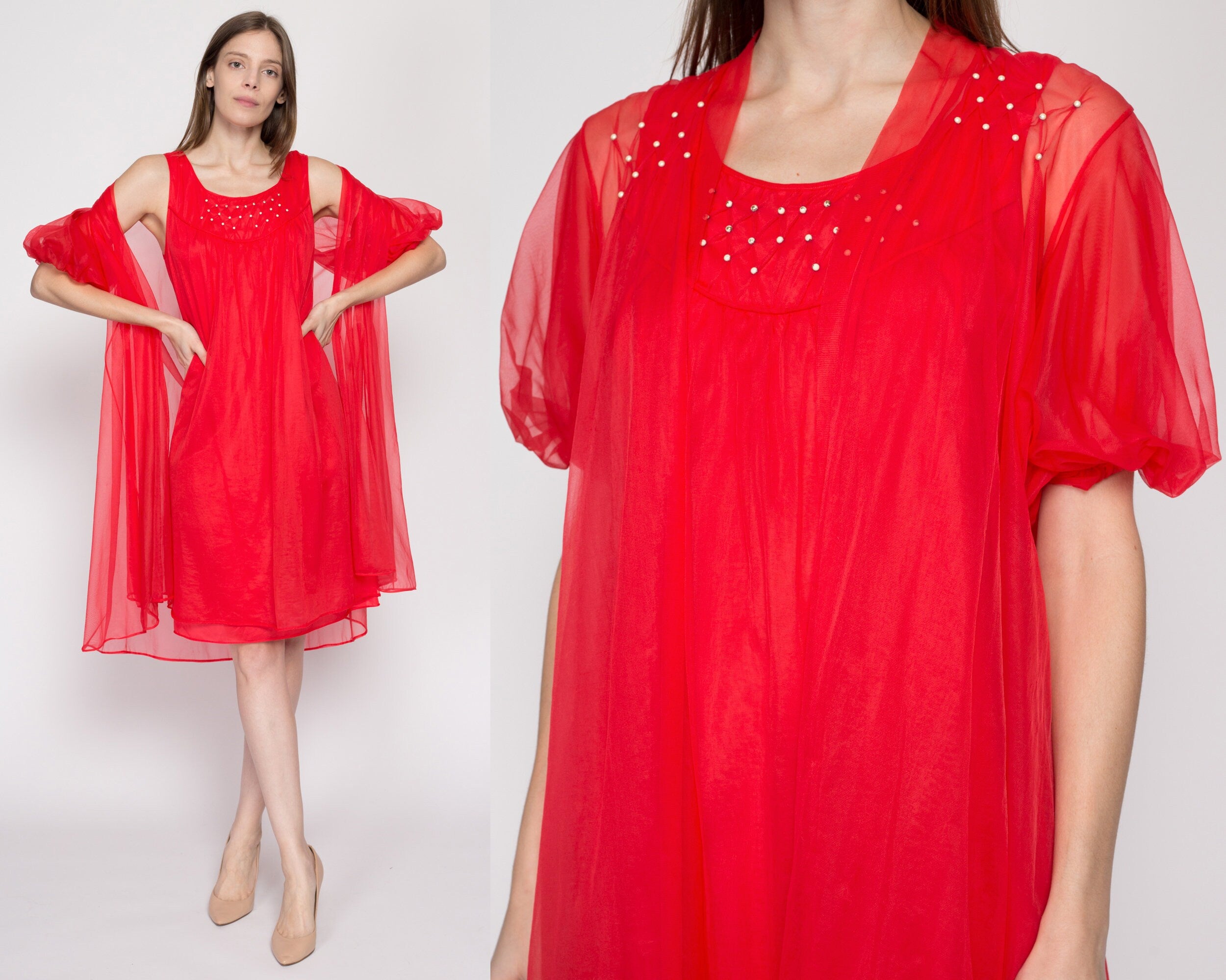 Small 60s Red Chiffon Babydoll Peignoir Set Flying Apple Vintage