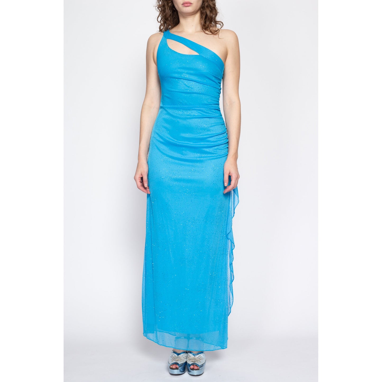 XS 90s One Shoulder Bright Blue Sparkle Gown | Vintage Sexy Keyhole Formal Maxi Party Dress