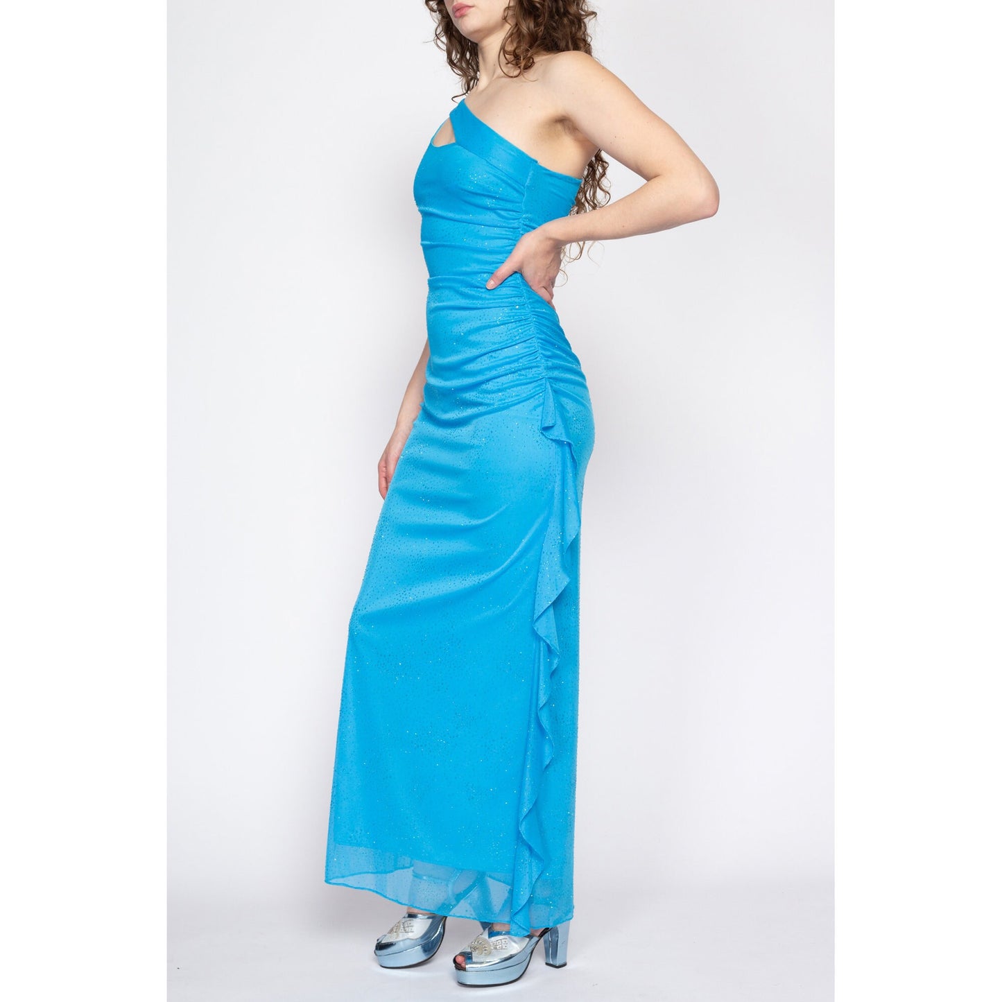 XS 90s One Shoulder Bright Blue Sparkle Gown | Vintage Sexy Keyhole Formal Maxi Party Dress