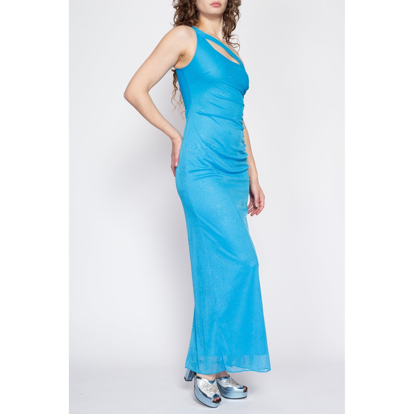 XS 90s One Shoulder Bright Blue Sparkle Gown | Vintage Sexy Keyhole Formal Maxi Party Dress