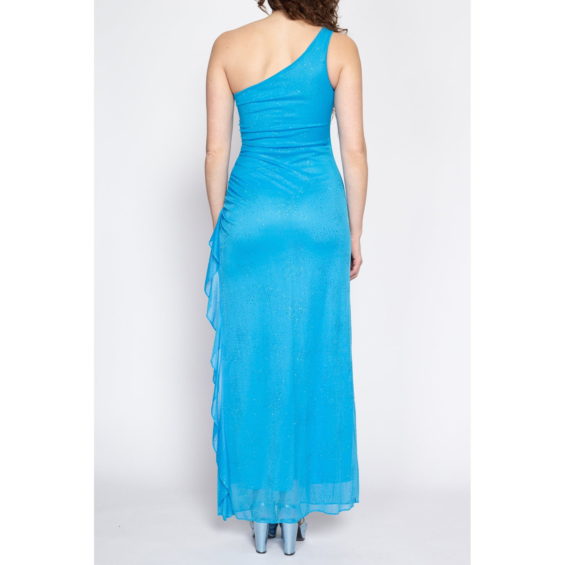 XS 90s One Shoulder Bright Blue Sparkle Gown | Vintage Sexy Keyhole Formal Maxi Party Dress