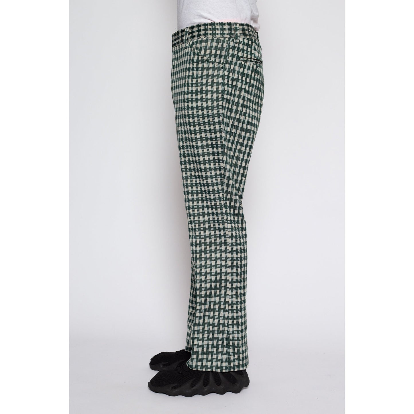 32" Waist 70s Green & White Gingham Trousers | Vintage Men's Retro High Waisted Plaid Bootcut Pants